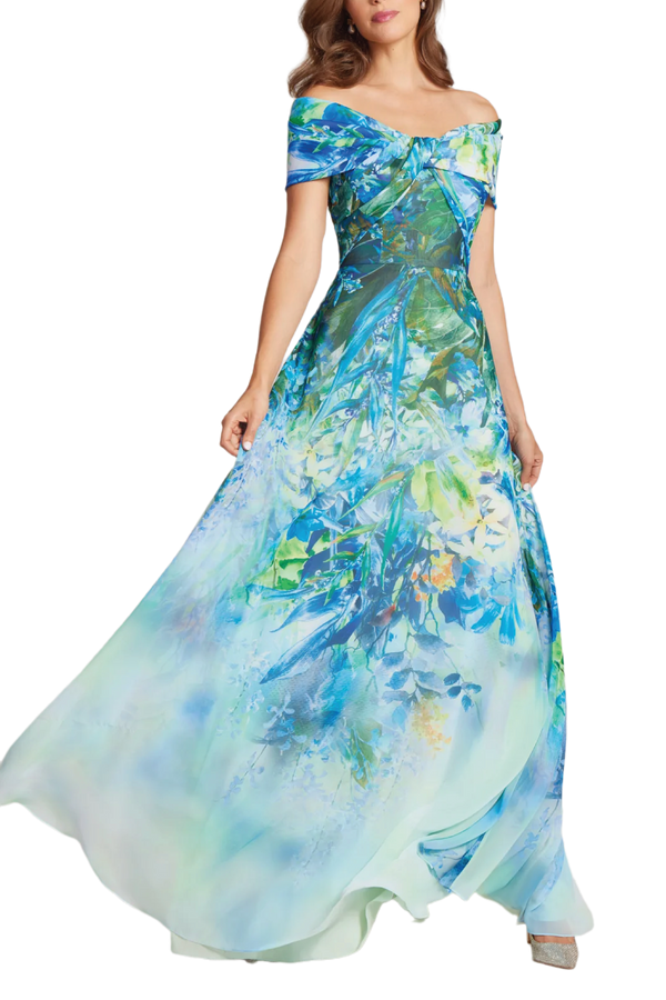 Chiffon Off The Shoulder Print Gown