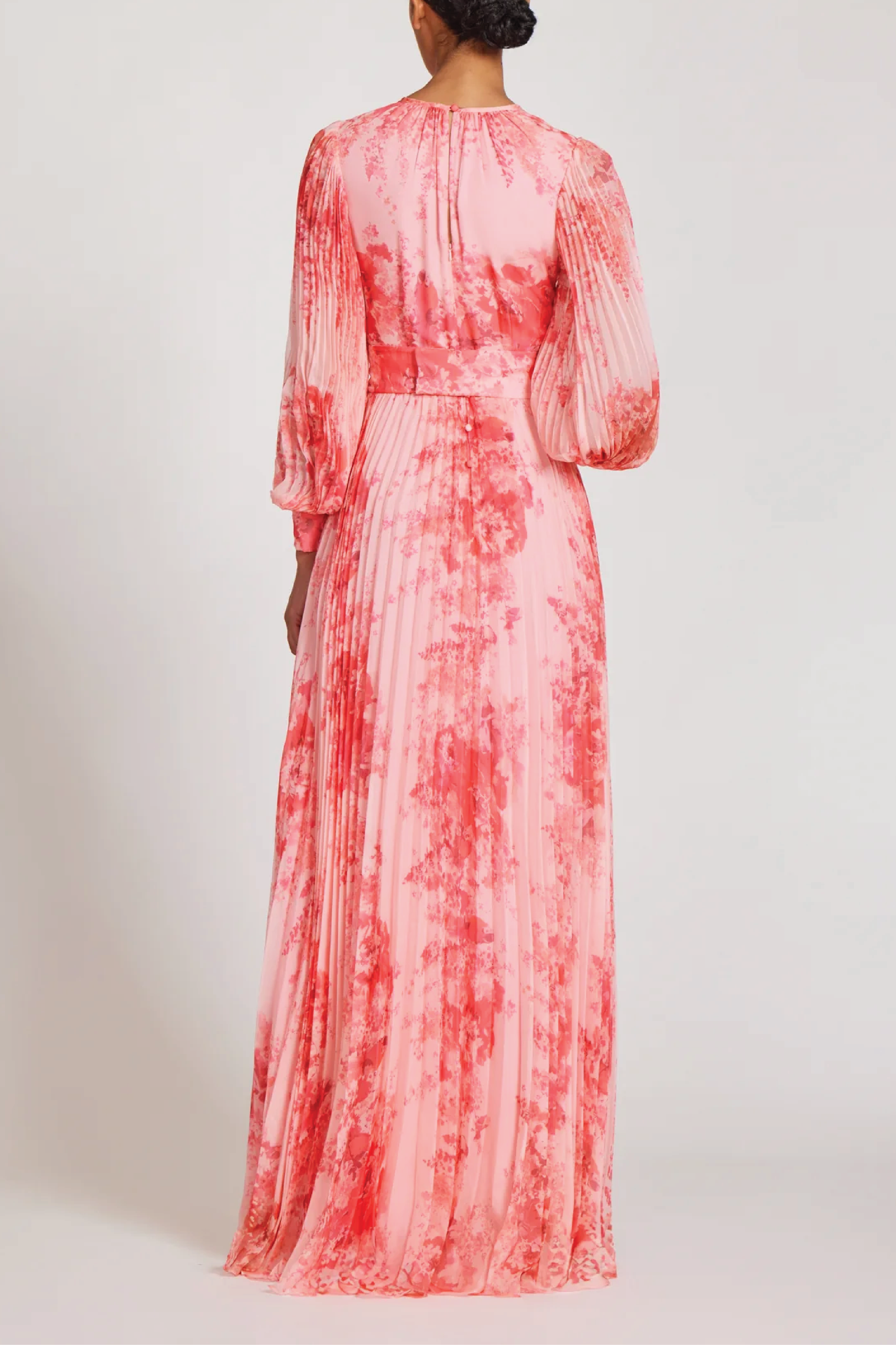 Floral Printed Pleated Sleeve Chiffon Gown