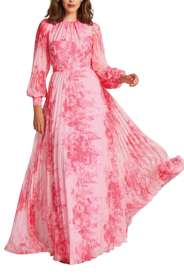 Floral Printed Pleated Sleeve Chiffon Gown