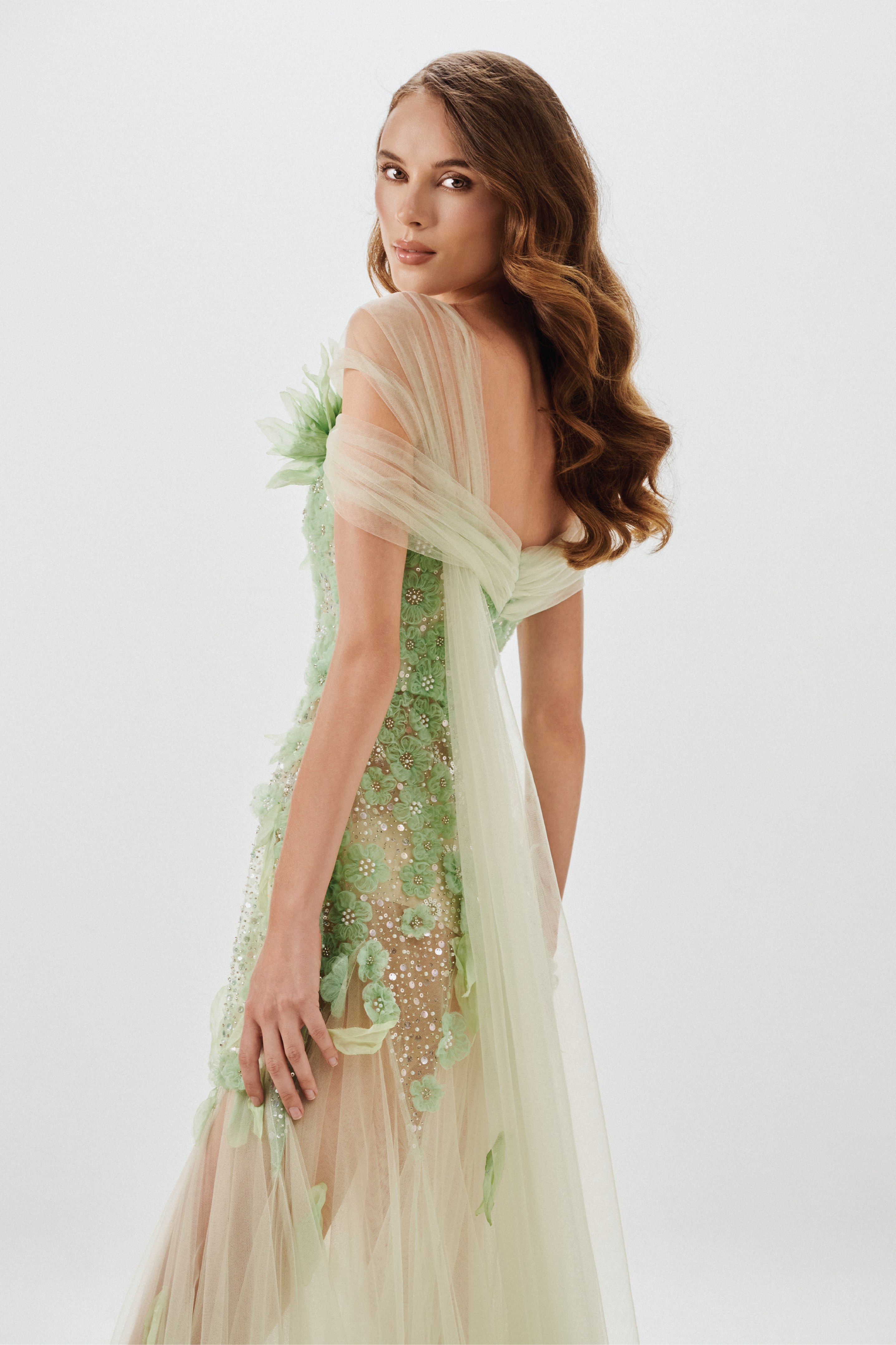 Embroidered Tulle Gown