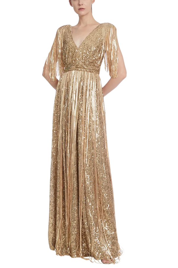 Sequined Evening Gown with Fringes