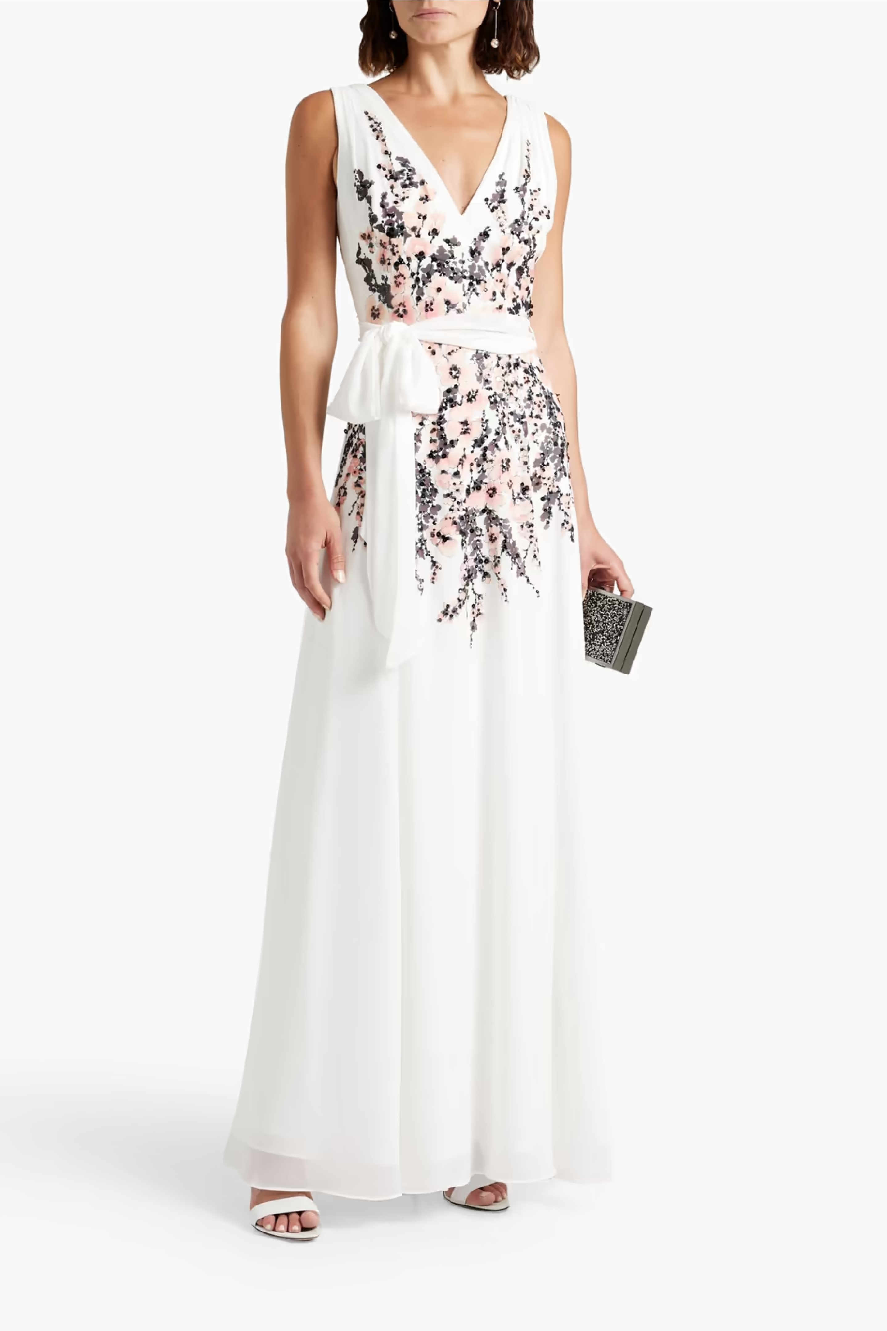 Embellished Printed Crepe de Chine Gown