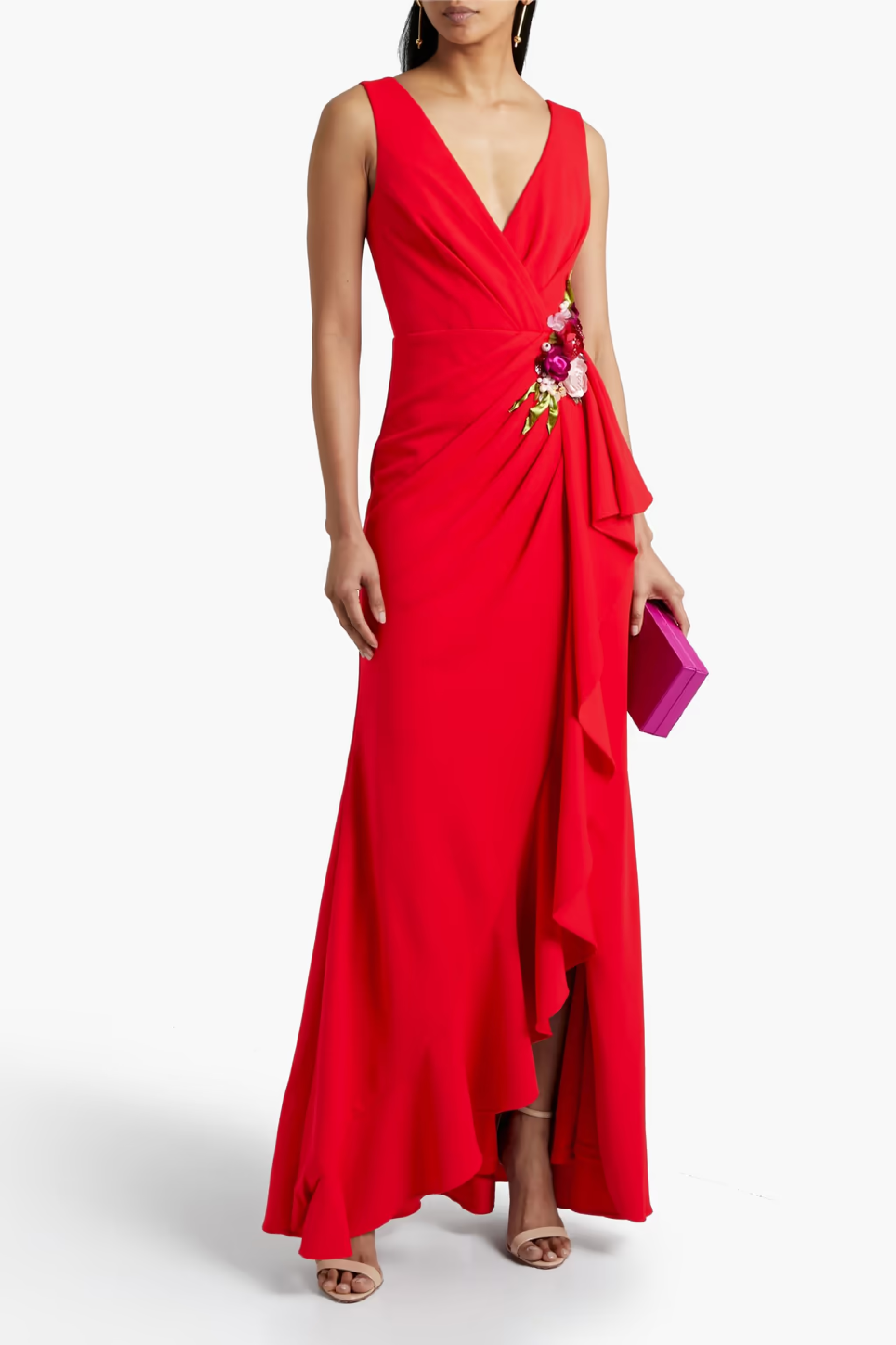 Embellished Ruffled Crepe de Chine Gown