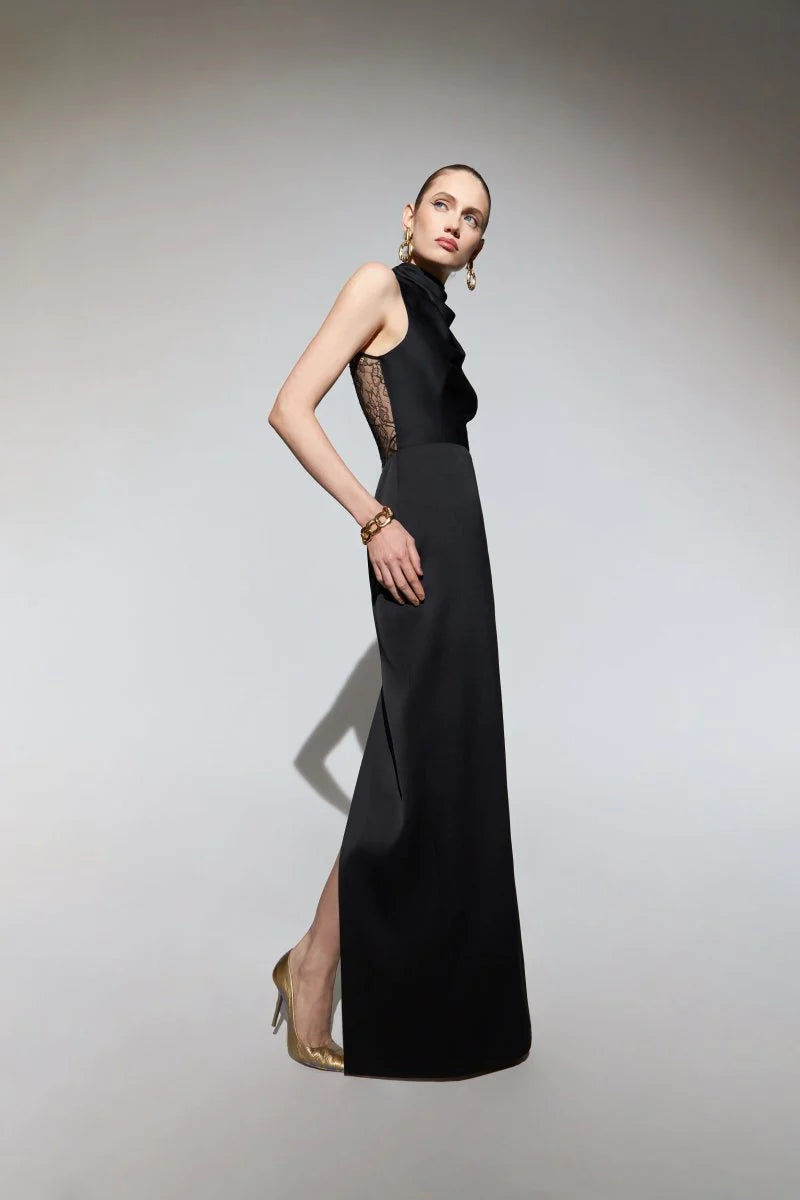 Draped Satin Gown with Lace Back Panel