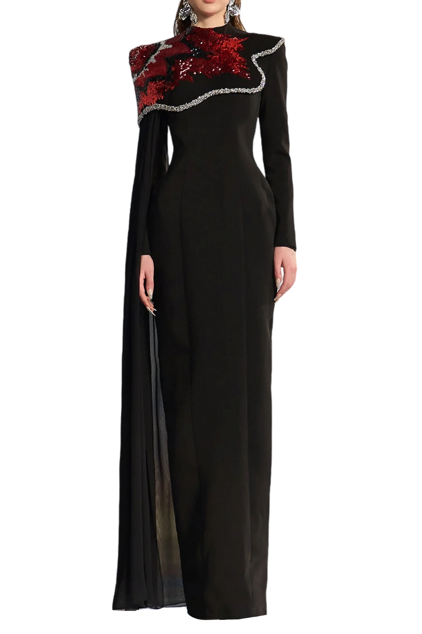 Black Crepe Dress with Red Shoulder Detail