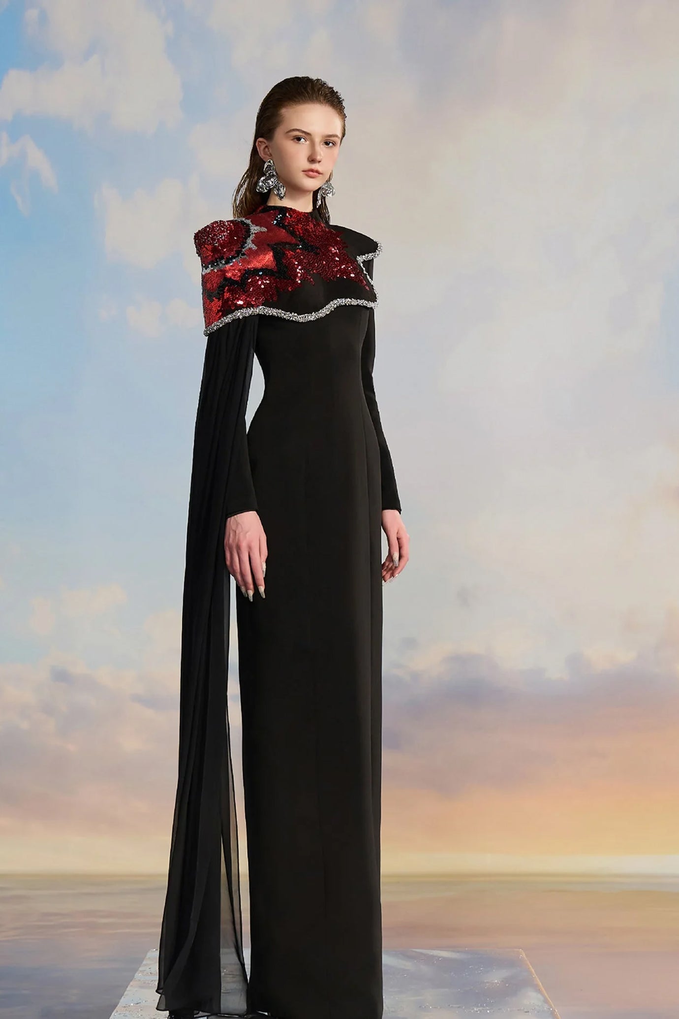 Black Crepe Dress with Red Shoulder Detail