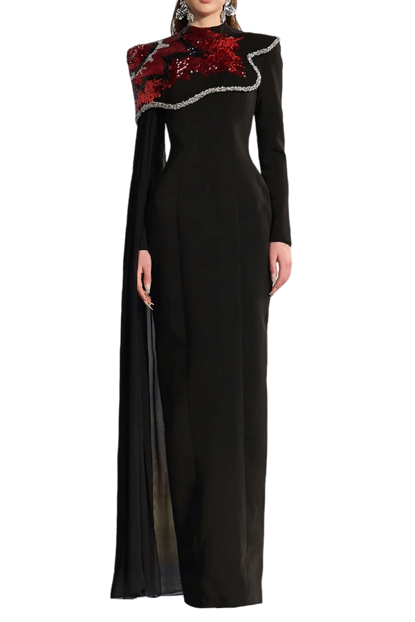 Black Crepe Dress with Red Shoulder Detail
