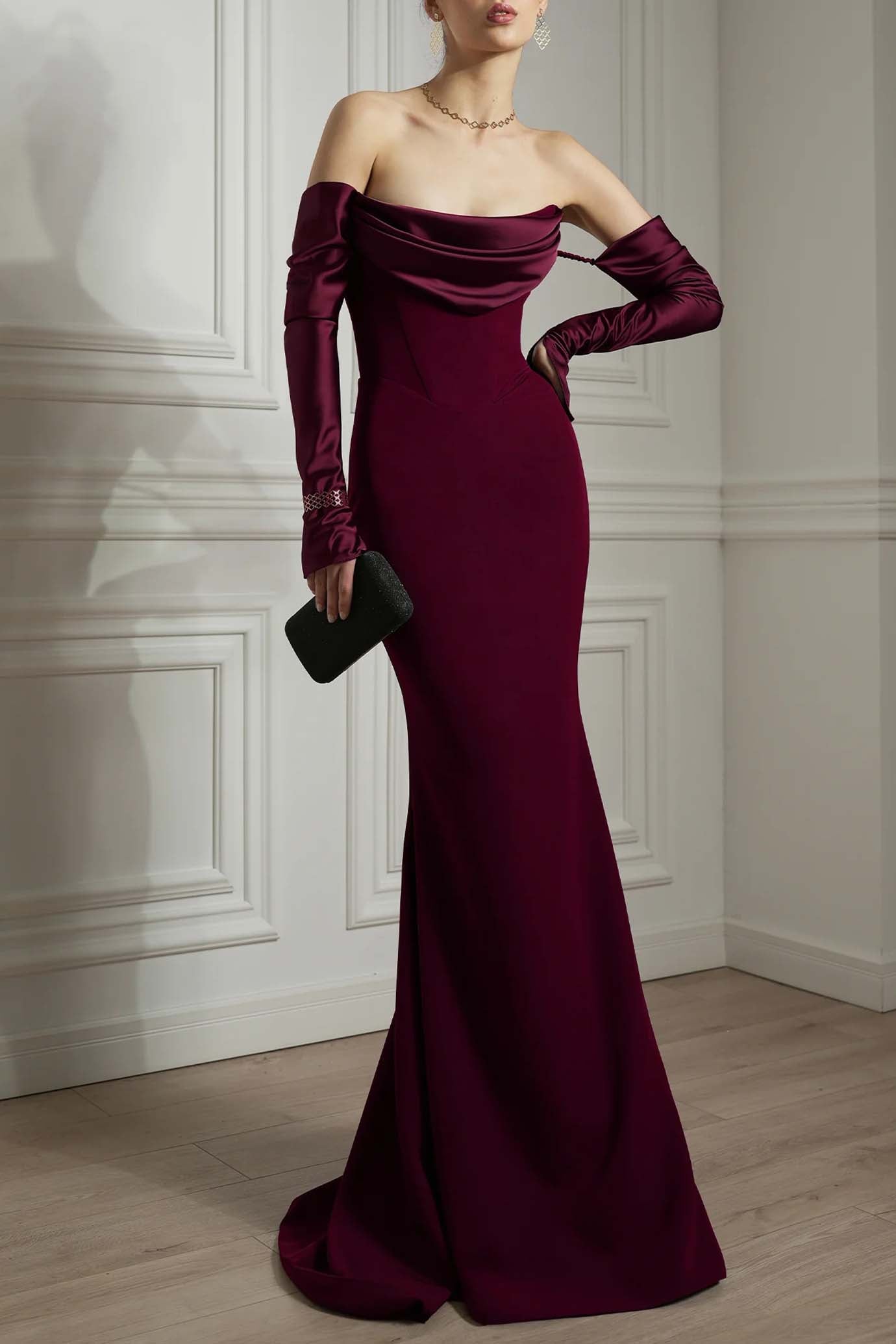 Raven Burgundy Crepe Long Dress