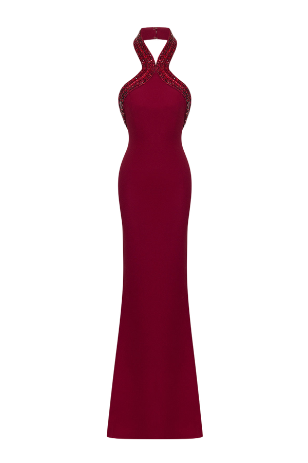 Burgundy Halter Neck Gown