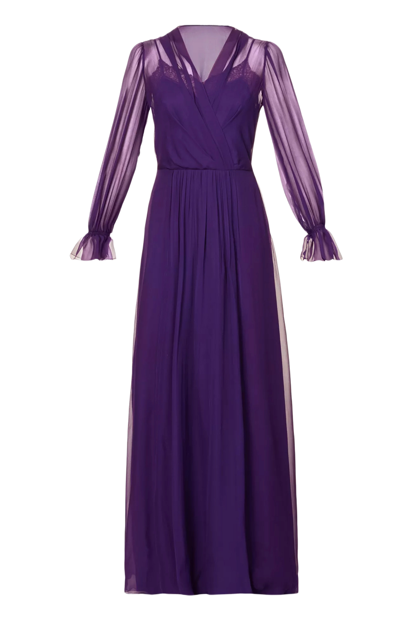 Semi Sheer Lace Trim Silk Maxi Dress