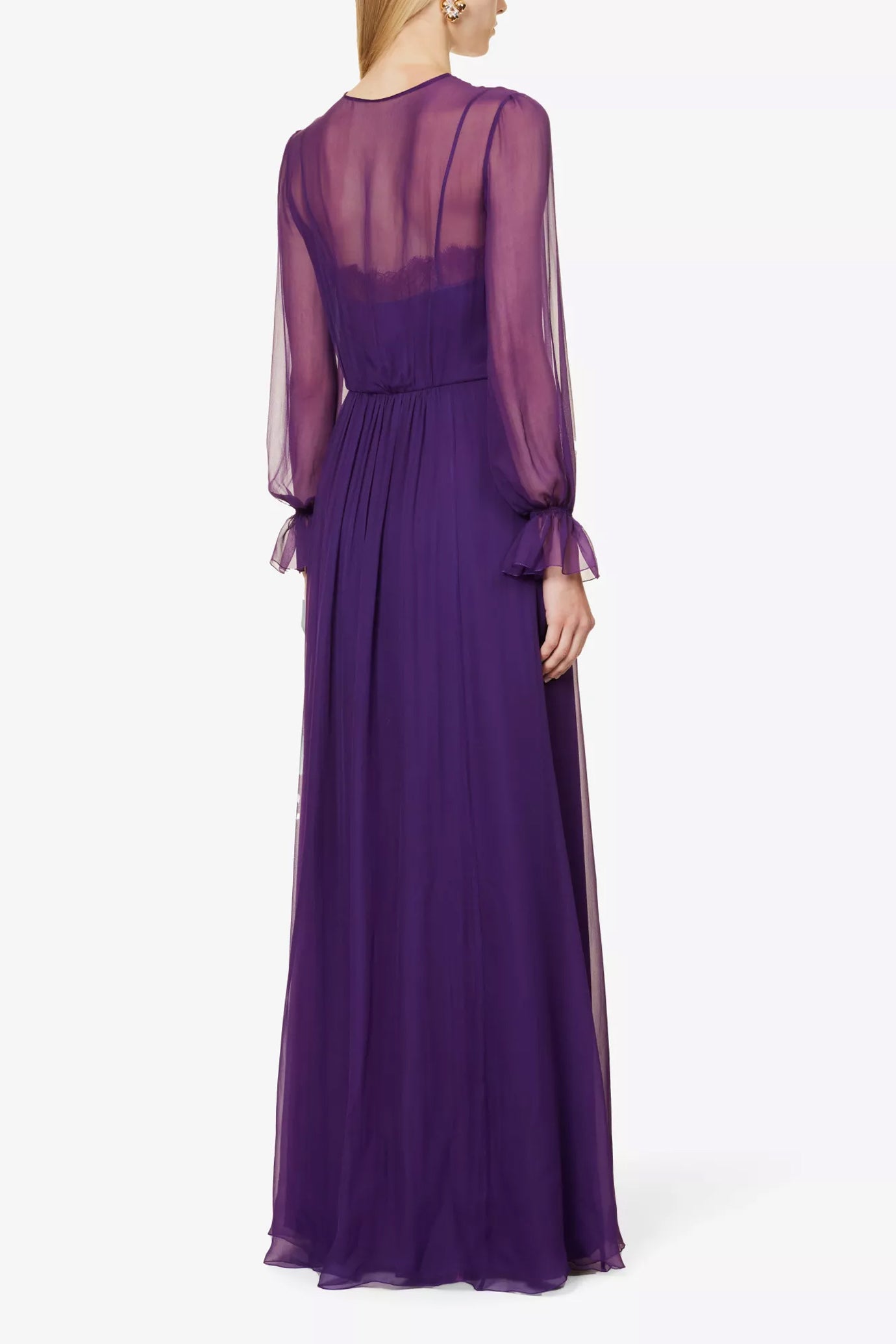 Semi Sheer Lace Trim Silk Maxi Dress
