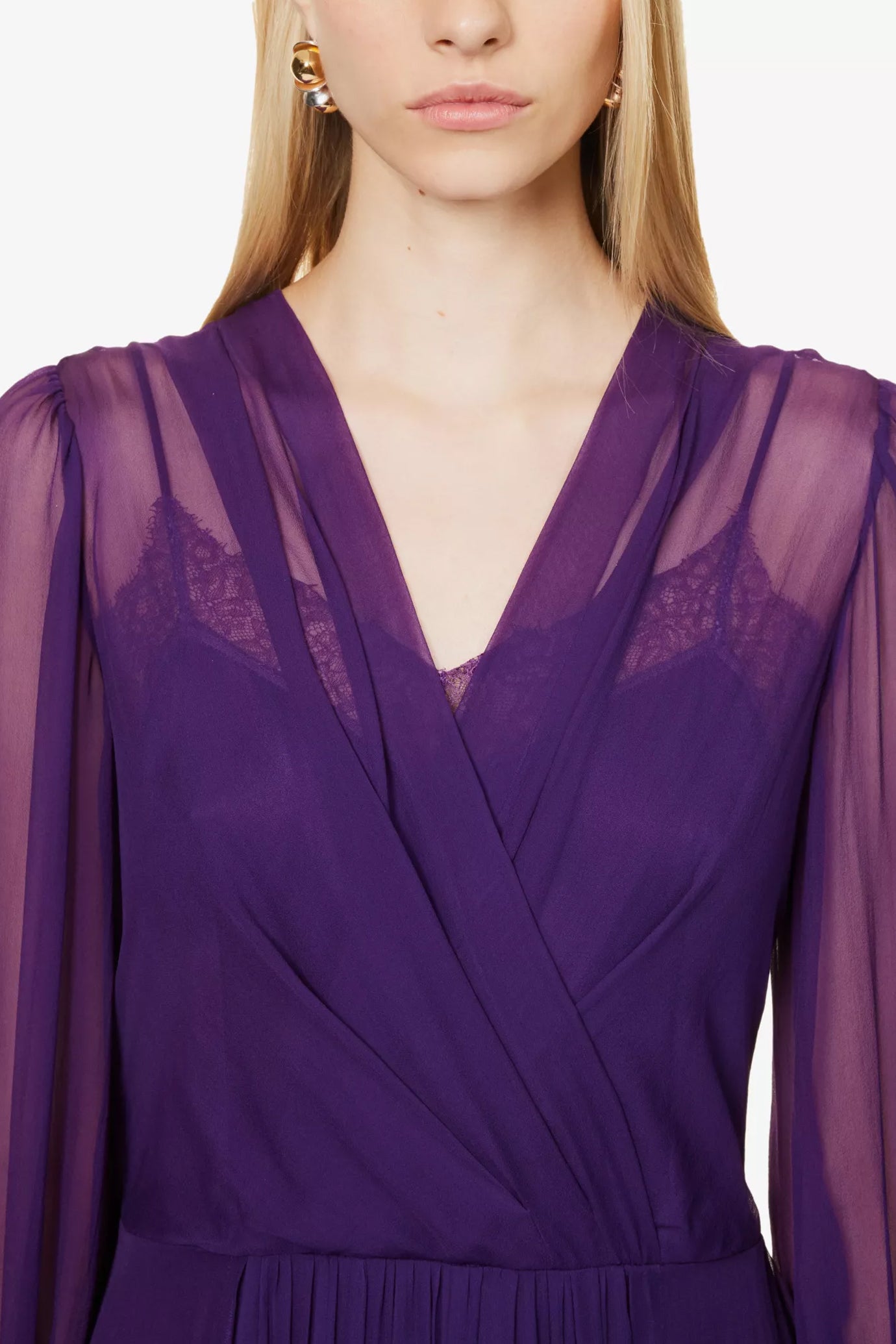 Semi Sheer Lace Trim Silk Maxi Dress