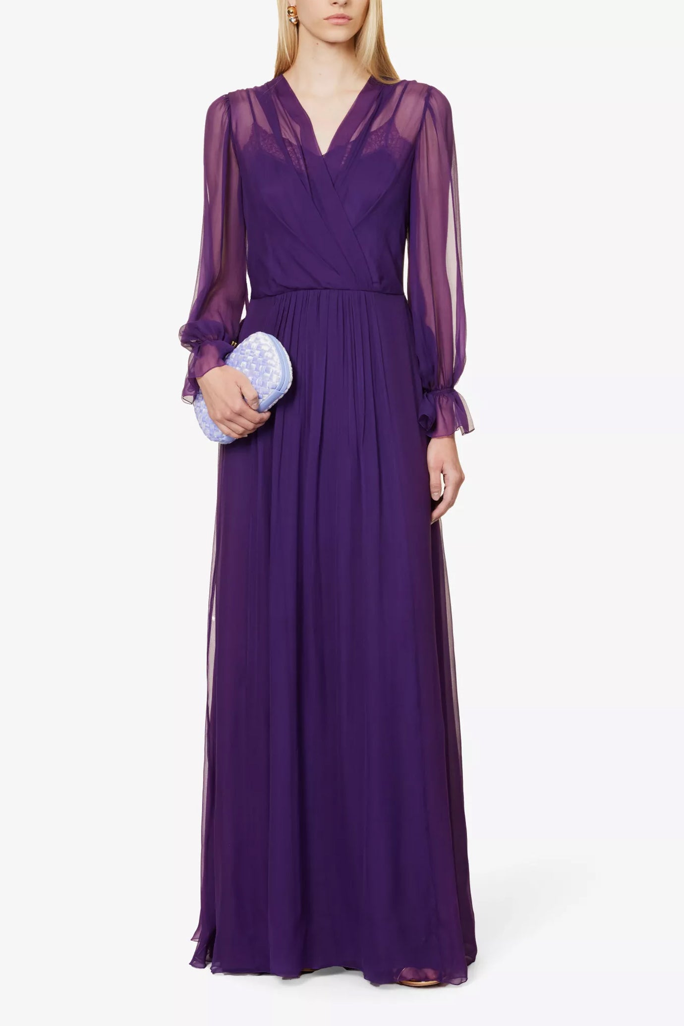 Semi Sheer Lace Trim Silk Maxi Dress
