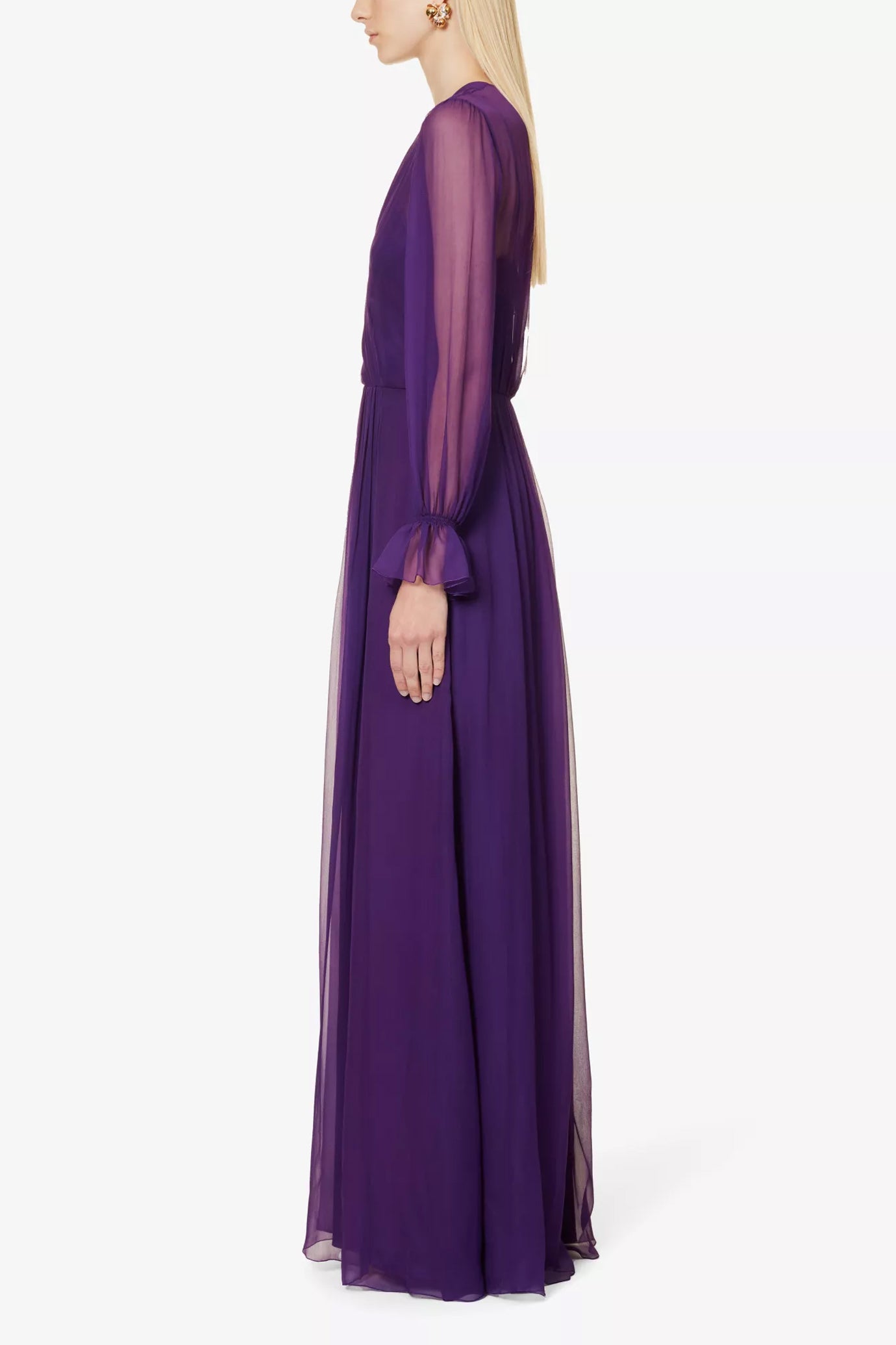 Semi Sheer Lace Trim Silk Maxi Dress