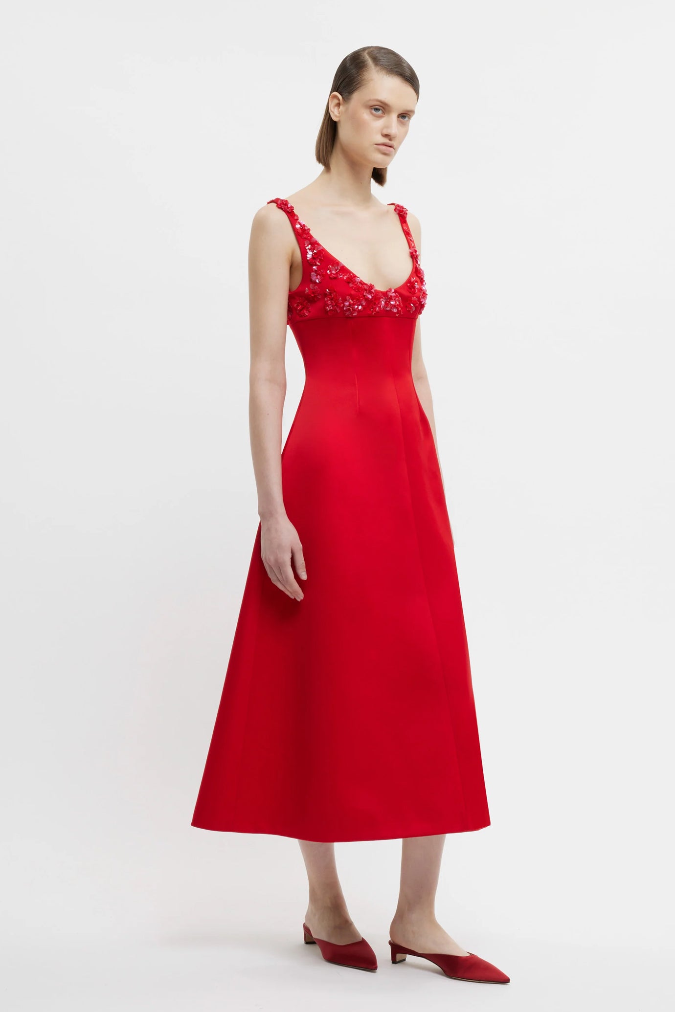 Abella Embellished Dress In Bright Red Doppio Satin