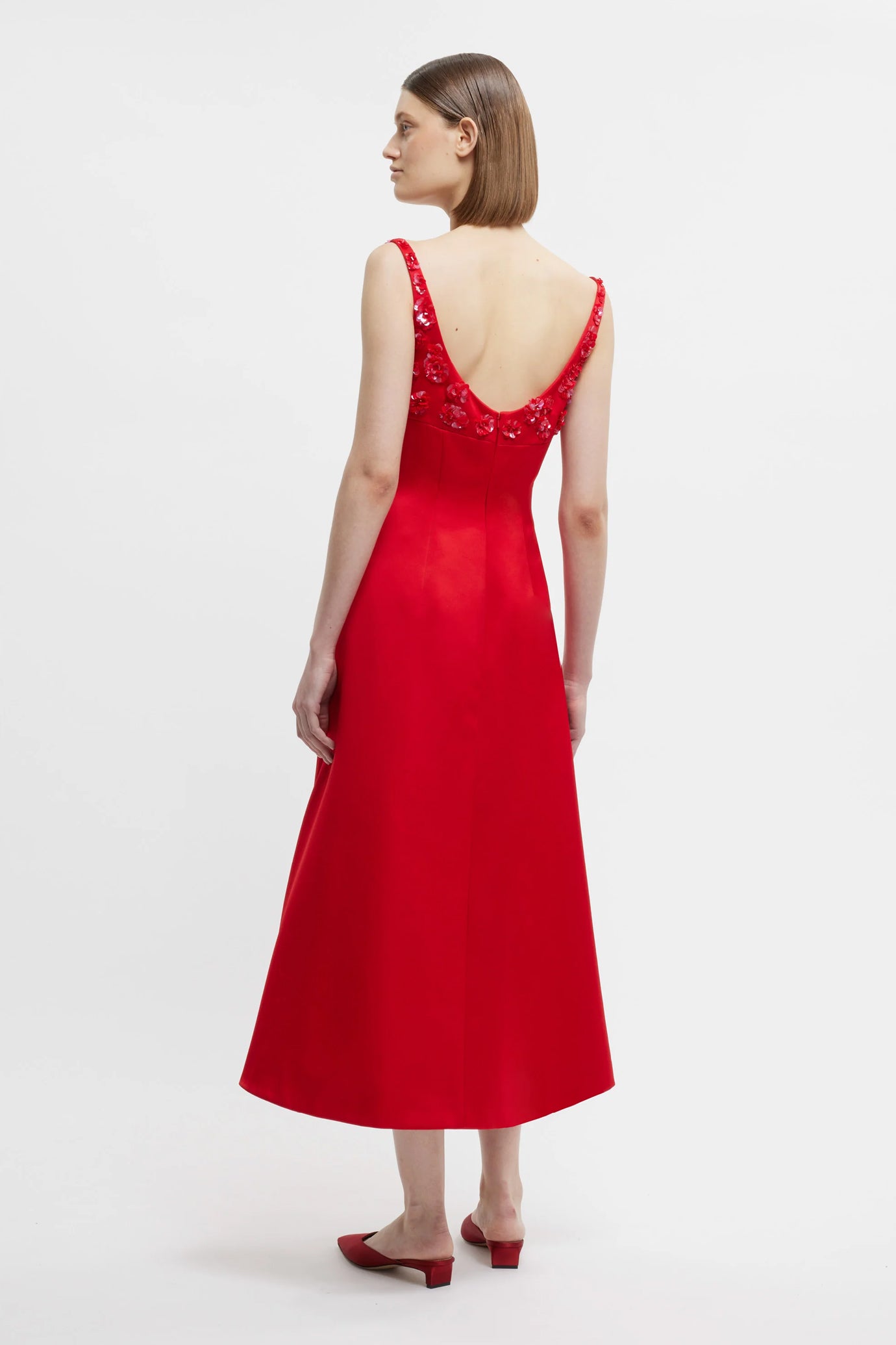 Abella Embellished Dress In Bright Red Doppio Satin