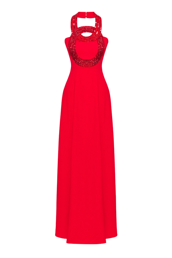 Red Crystals Neckline Flowing Gown
