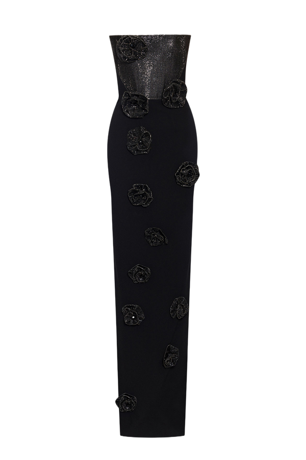 Strapless Column Gown with Floral Embellishments