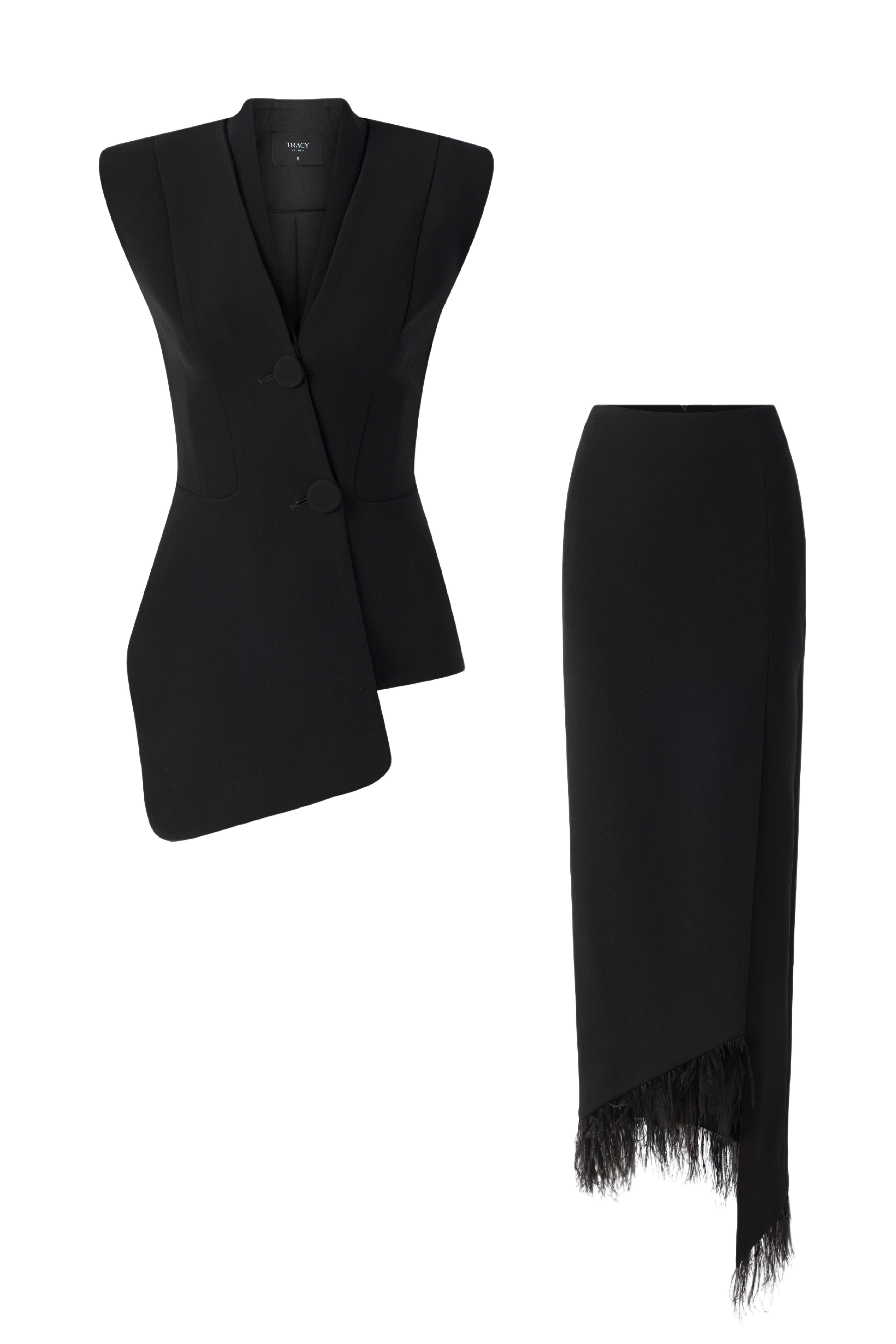 Asymmetric Sleeveless Blazer and Feather Skirt