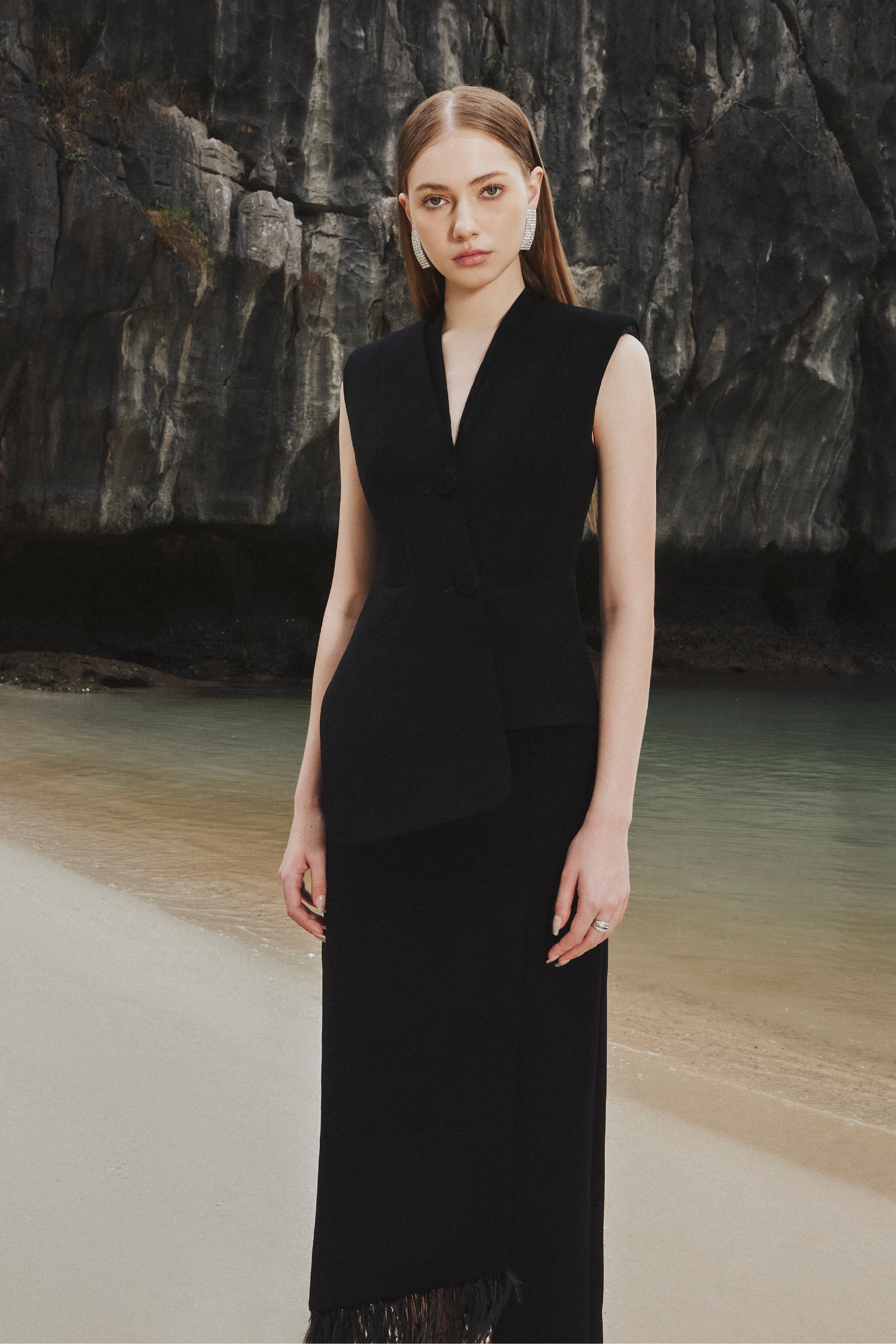 Asymmetric Sleeveless Blazer and Feather Skirt
