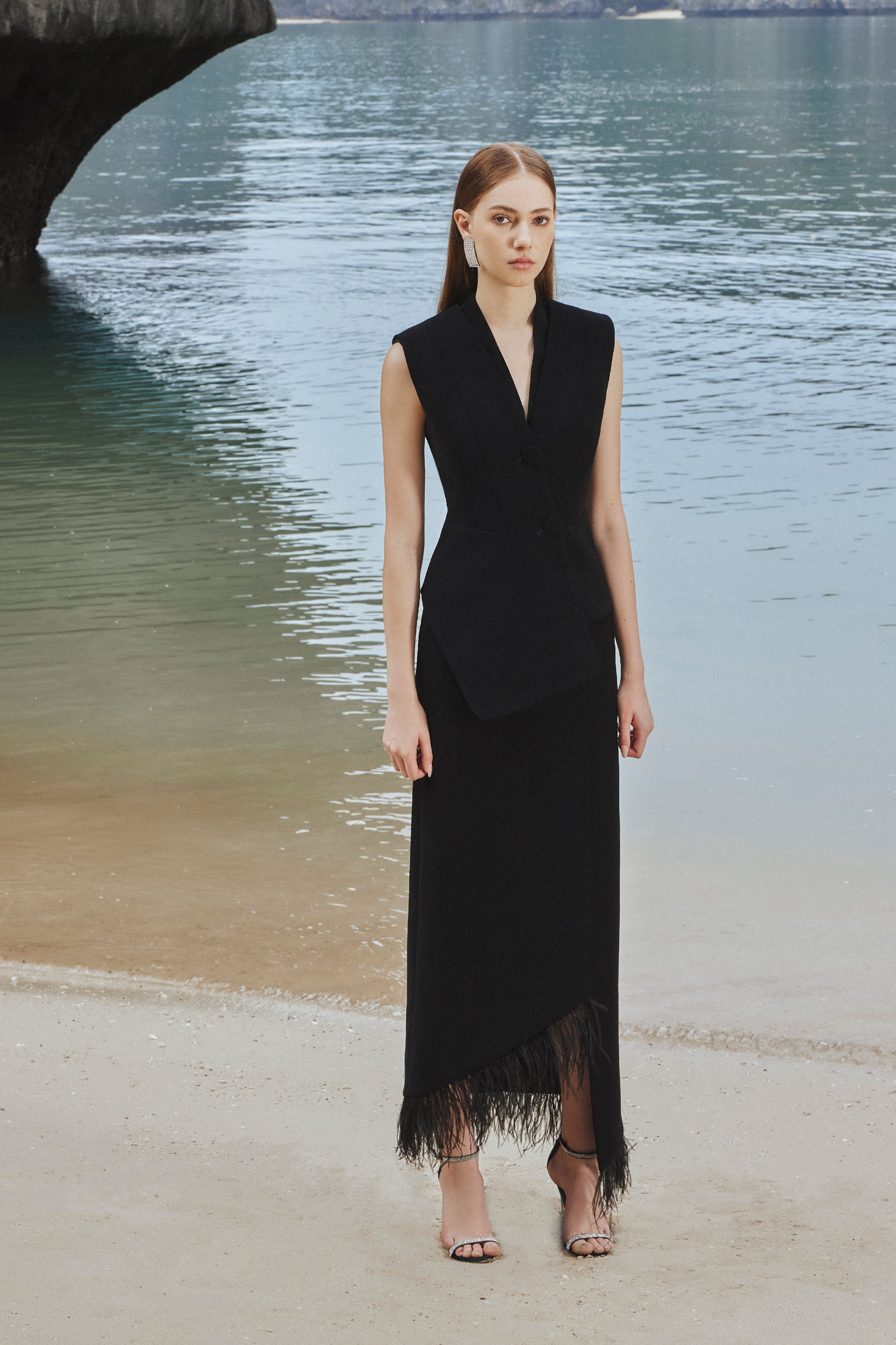 Asymmetric Sleeveless Blazer and Feather Skirt