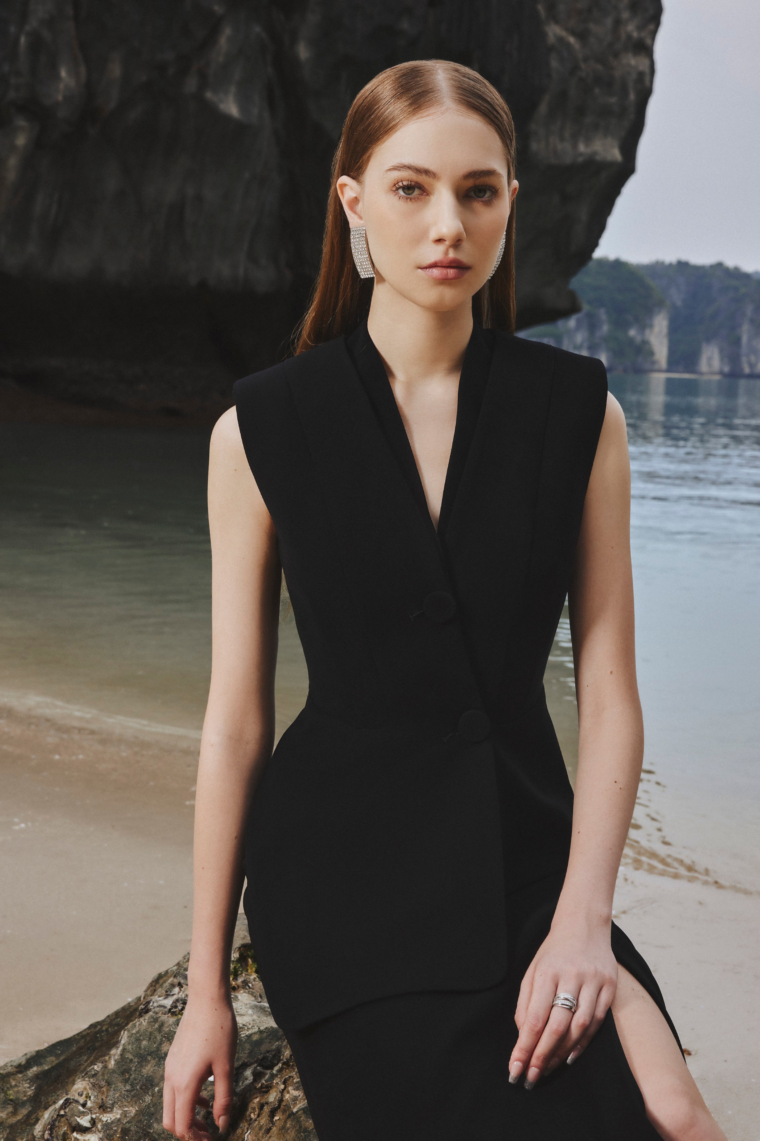 Asymmetric Sleeveless Blazer and Feather Skirt