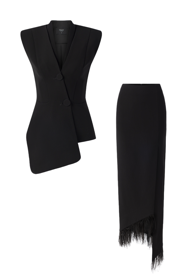 Asymmetric Sleeveless Blazer and Feather Skirt