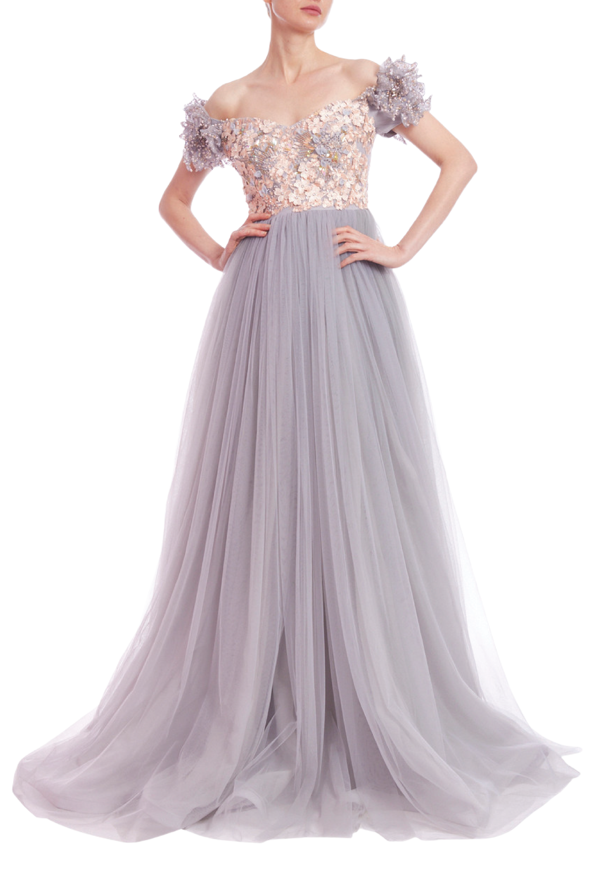 Off-the-Shoulder Embellished Bodice Empire Gown
