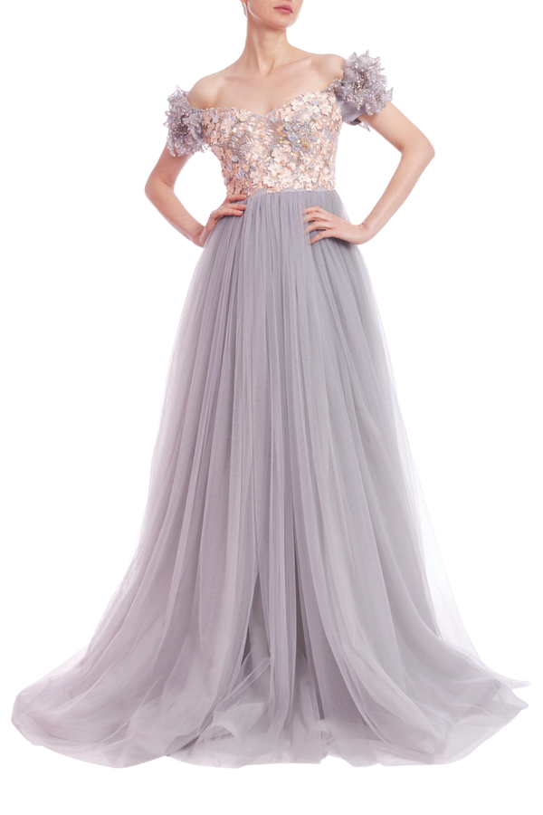 Off-the-Shoulder Embellished Bodice Empire Gown