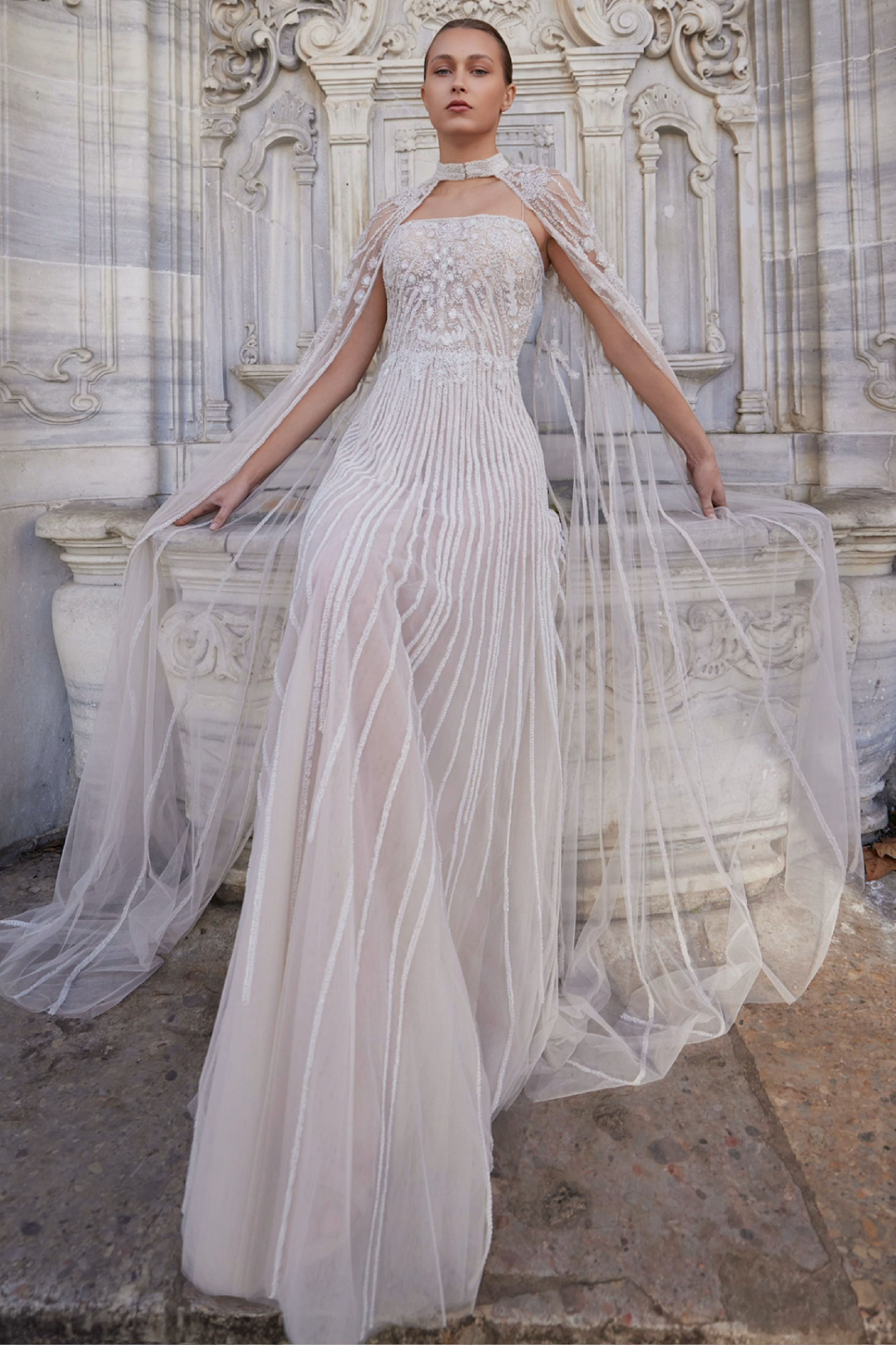 Fully Embroidered Strapless Tulle Dress with Embroidered Cape