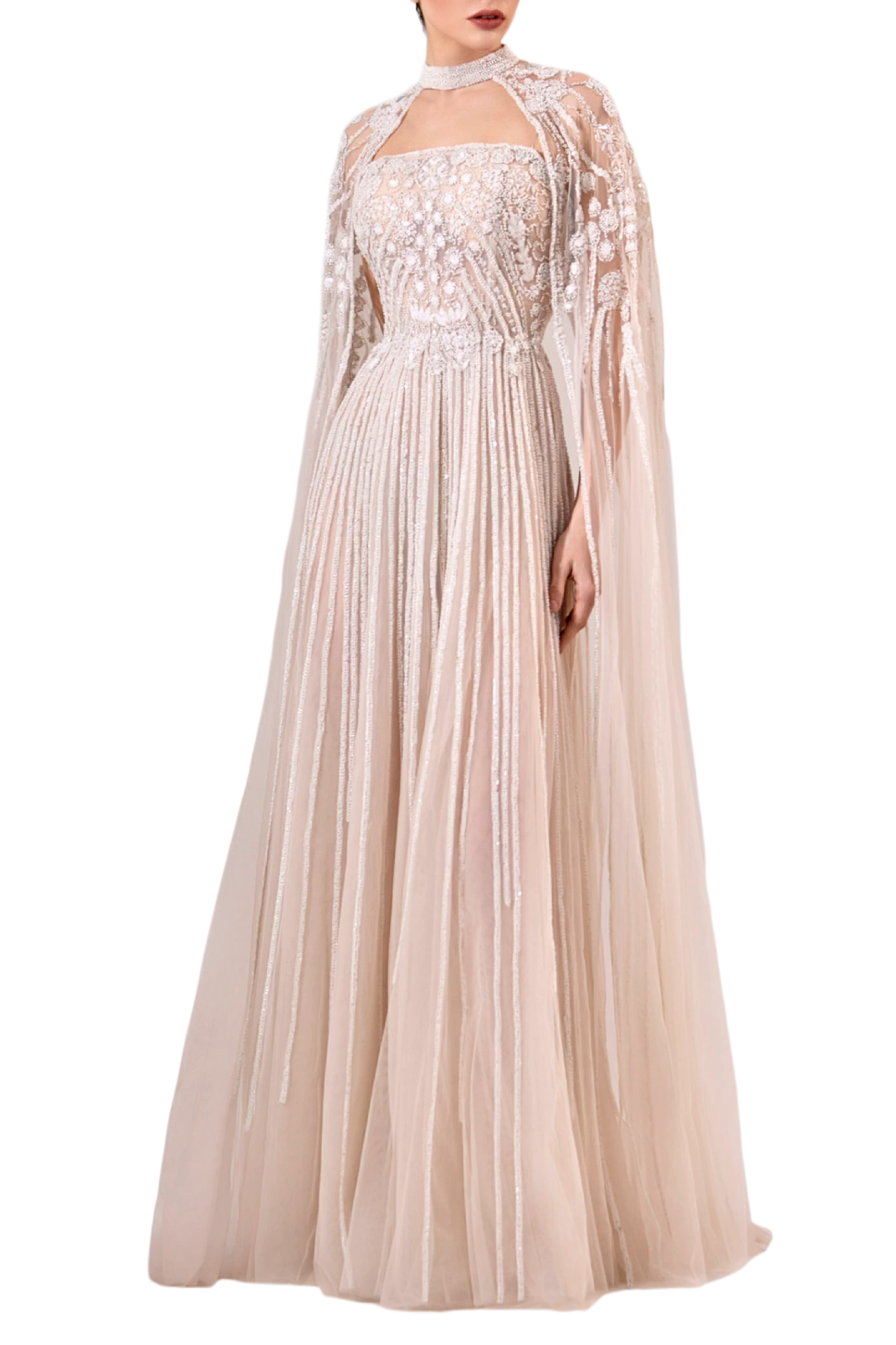 Fully Embroidered Strapless Tulle Dress with Embroidered Cape