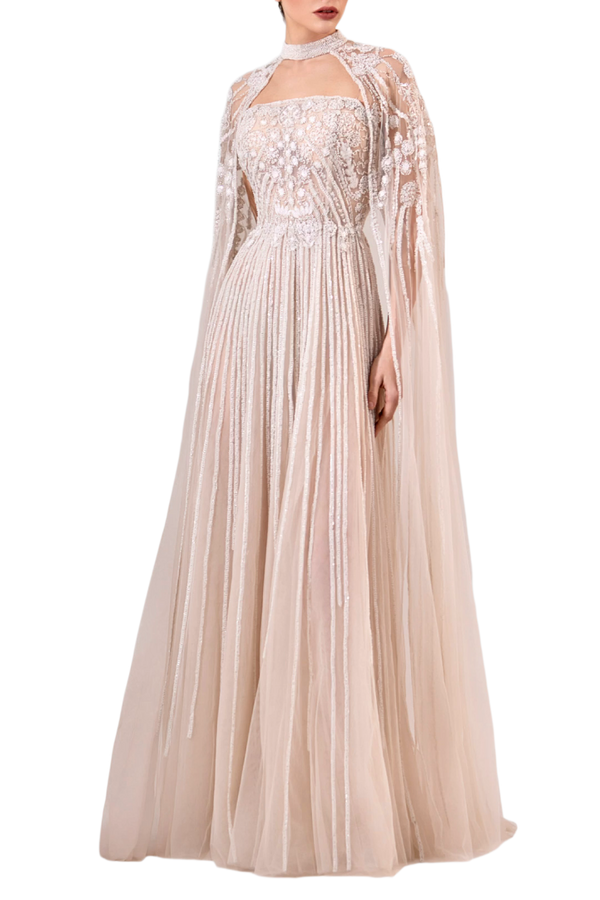 Fully Embroidered Strapless Tulle Dress with Embroidered Cape