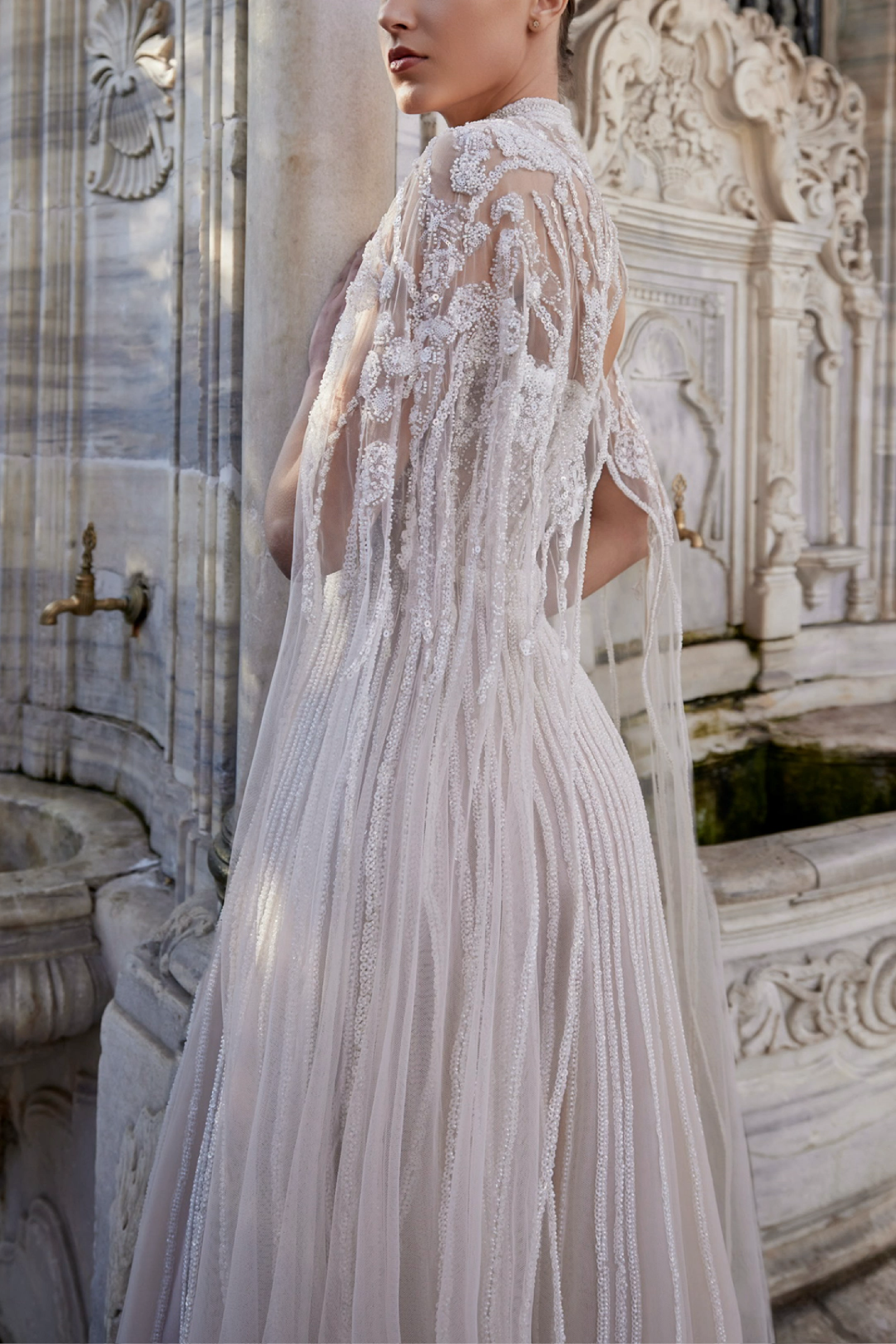 Fully Embroidered Strapless Tulle Dress with Embroidered Cape
