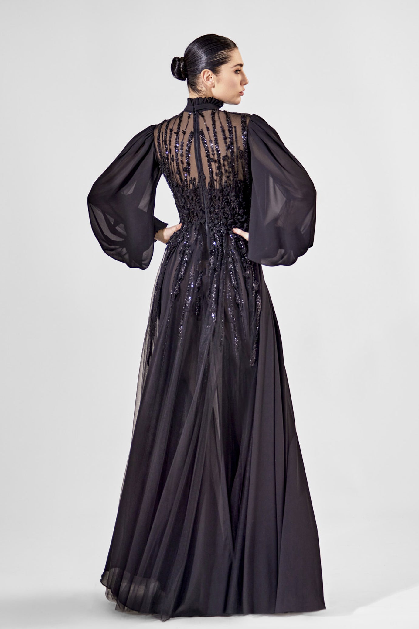 Embellished Tulle Gown with Chiffon Sleeves