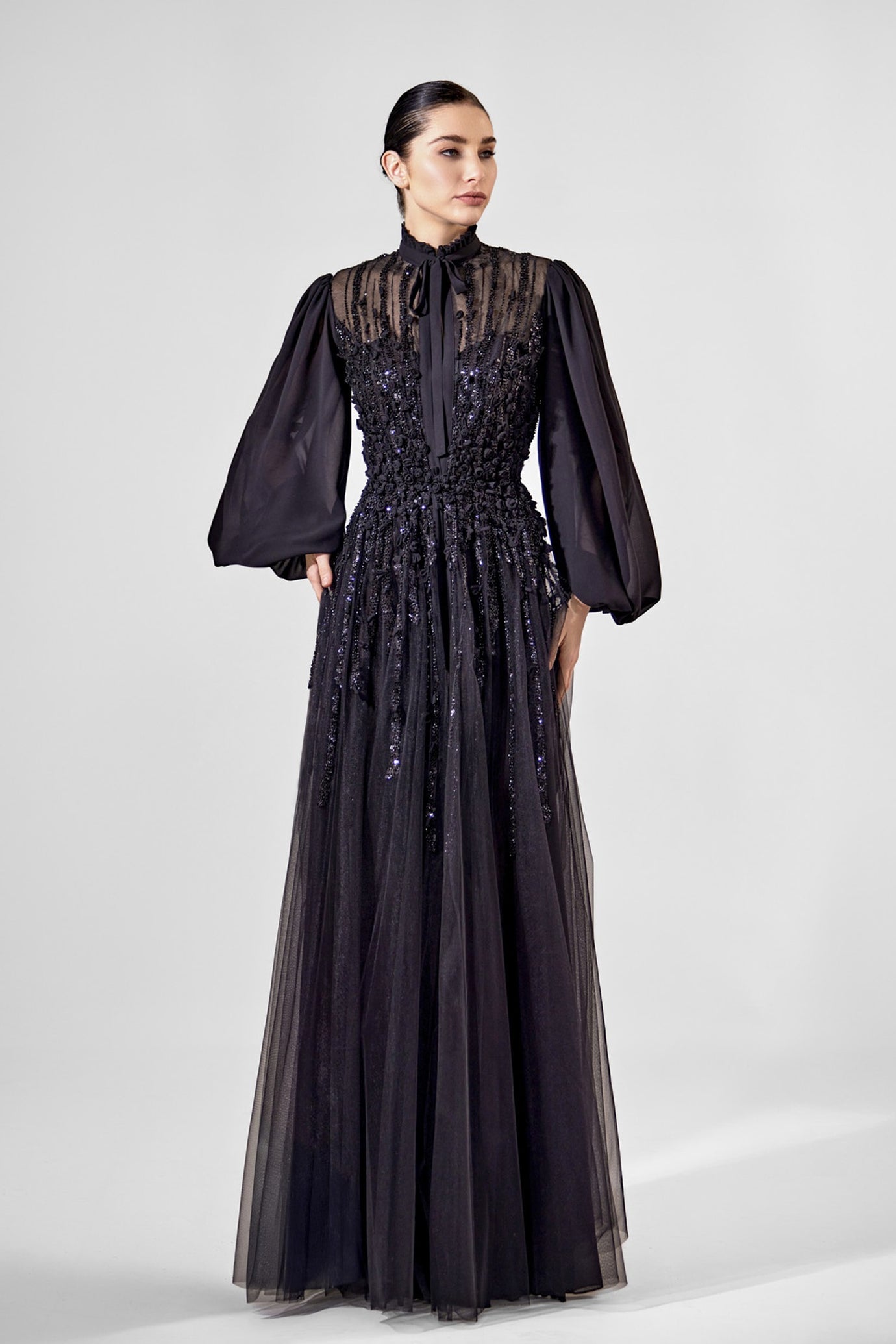 Embellished Tulle Gown with Chiffon Sleeves