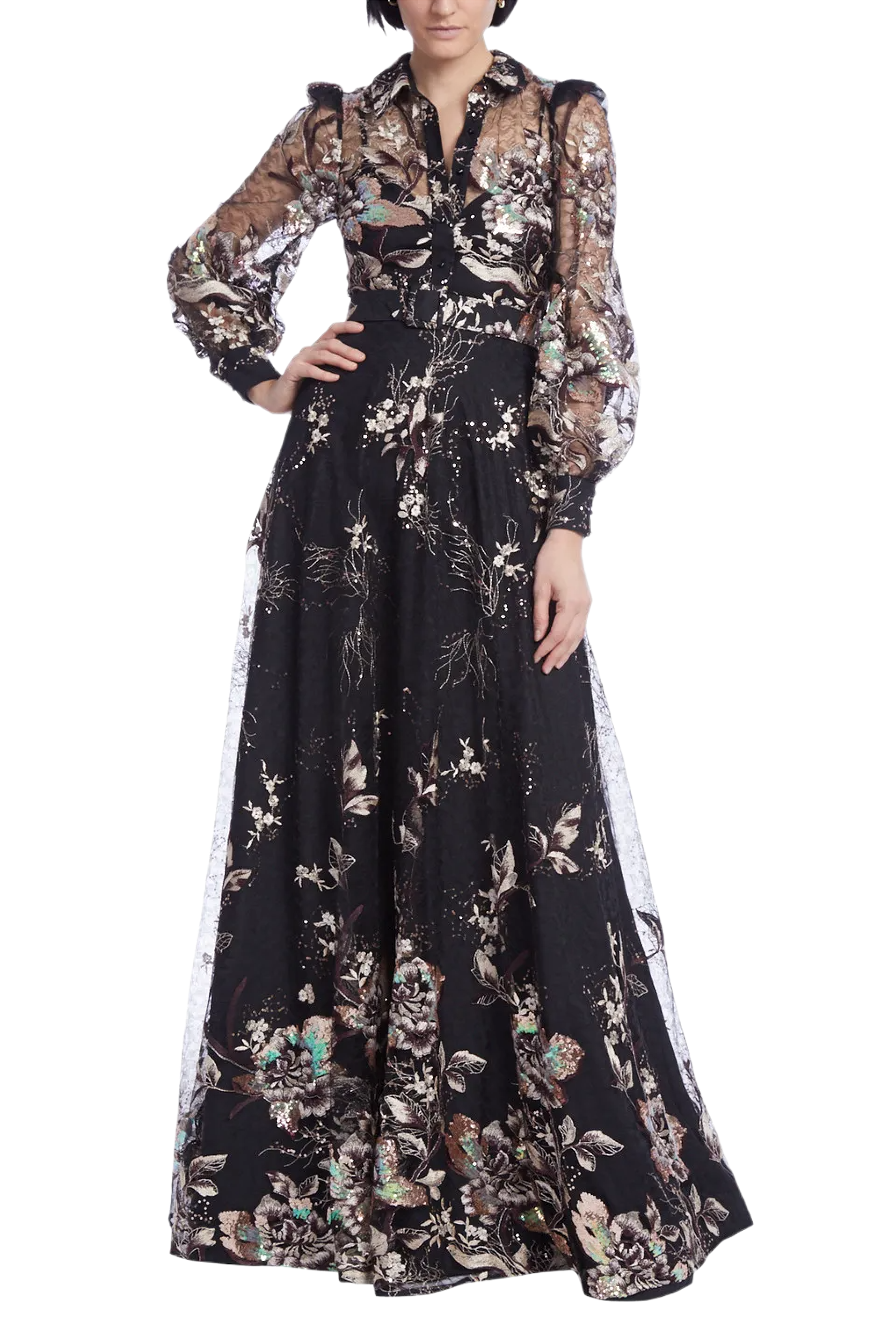 Floral Embroidered Tulle Shirt Gown