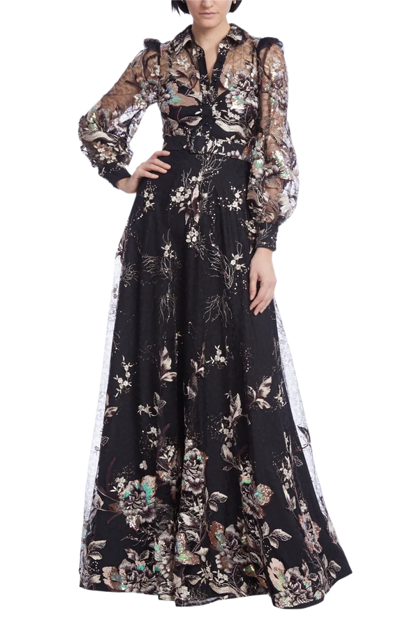 Floral Embroidered Tulle Shirt Gown