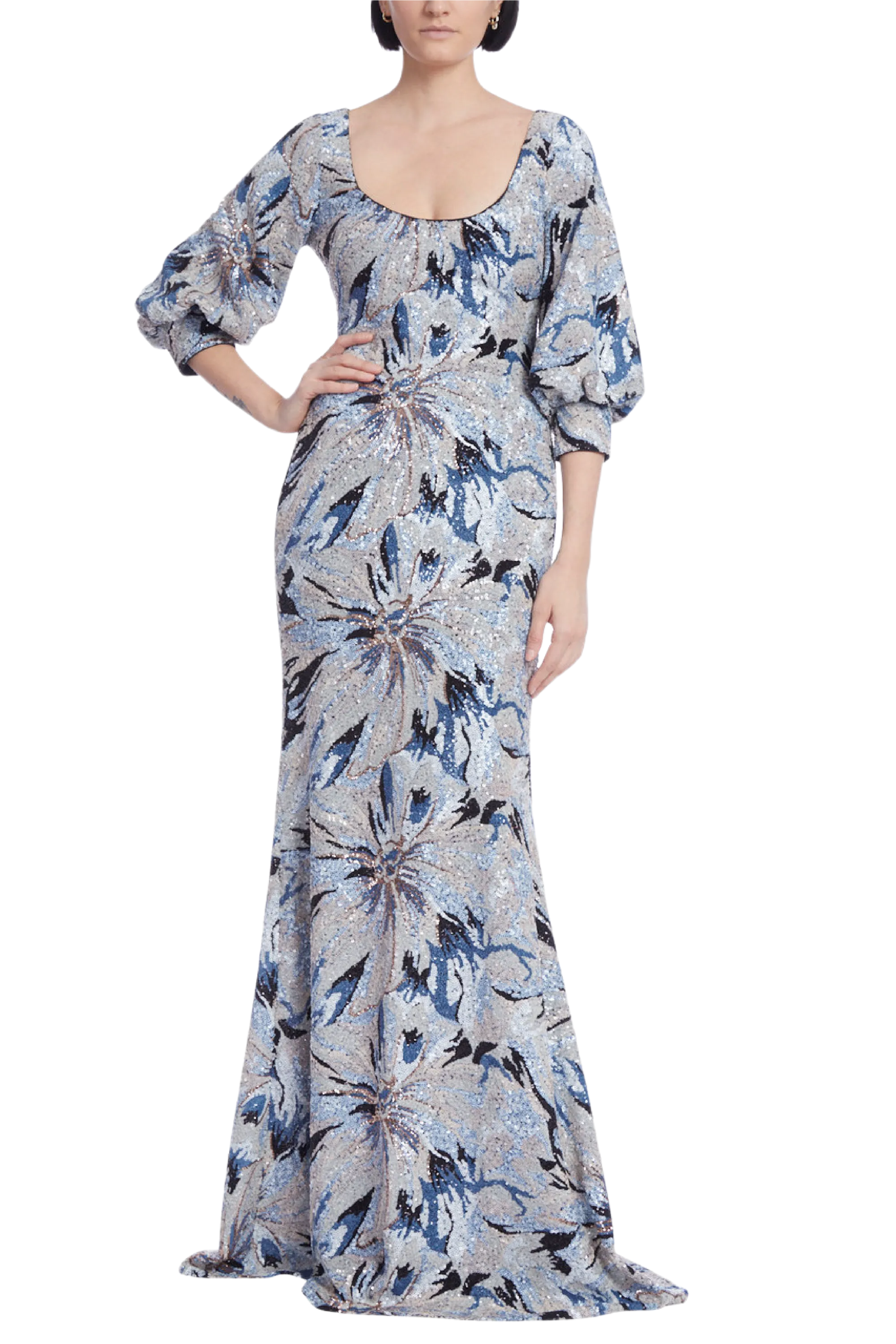 Floral Sequin Gown with Balloon Sleeves
