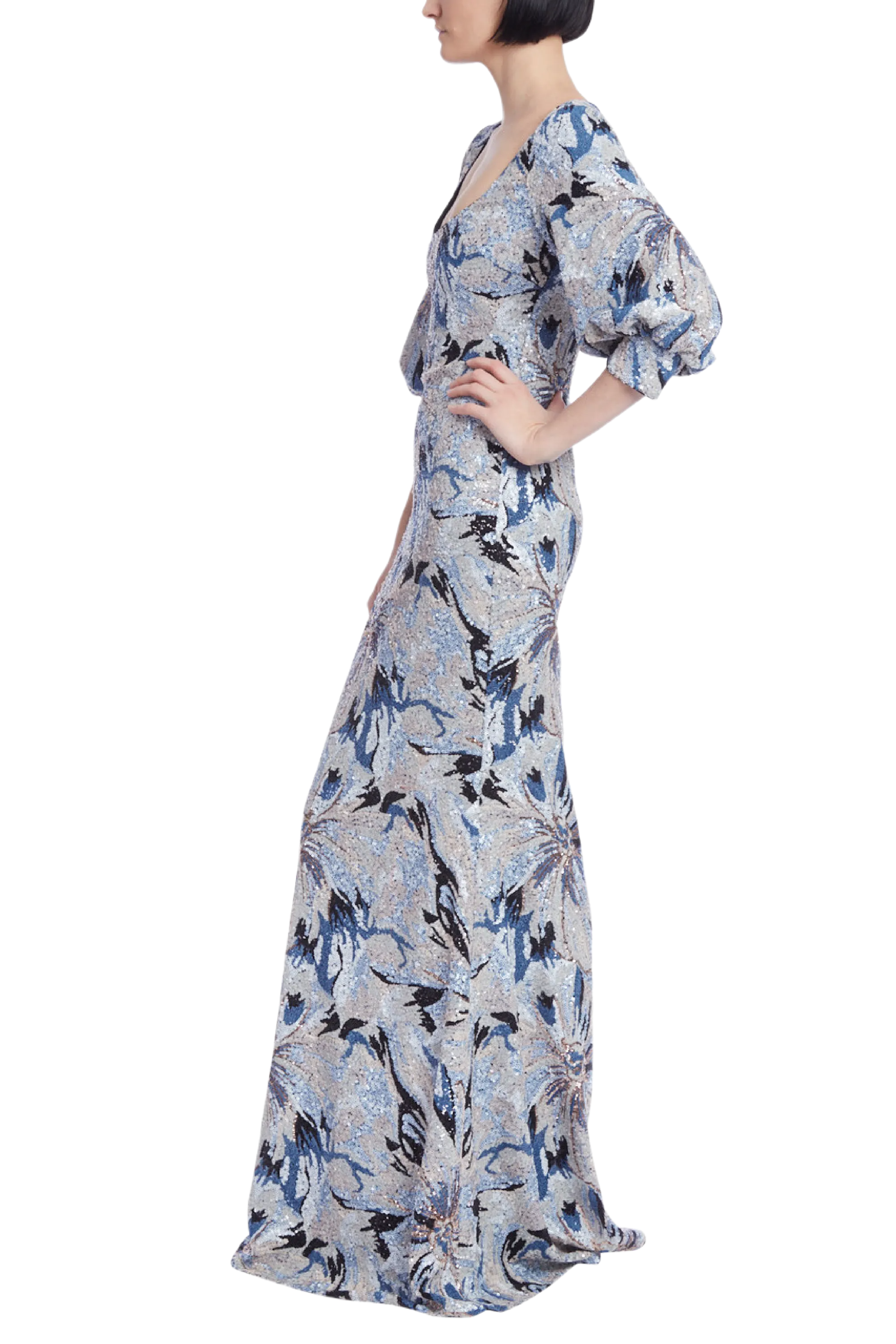 Floral Sequin Gown with Balloon Sleeves