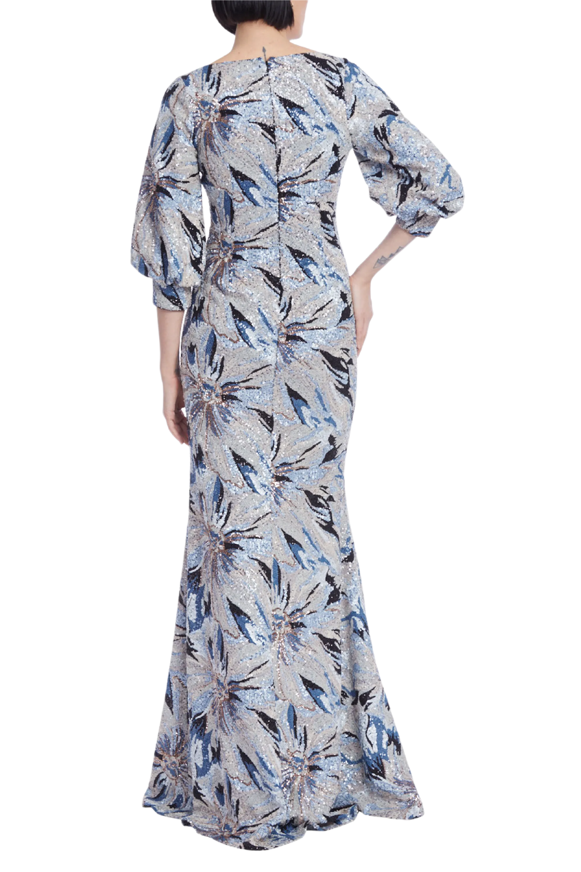 Floral Sequin Gown with Balloon Sleeves