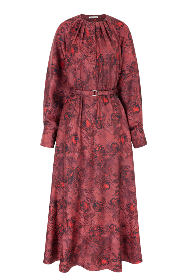 Bahiti Dress In Red Roses On Marble Print Silk Twill