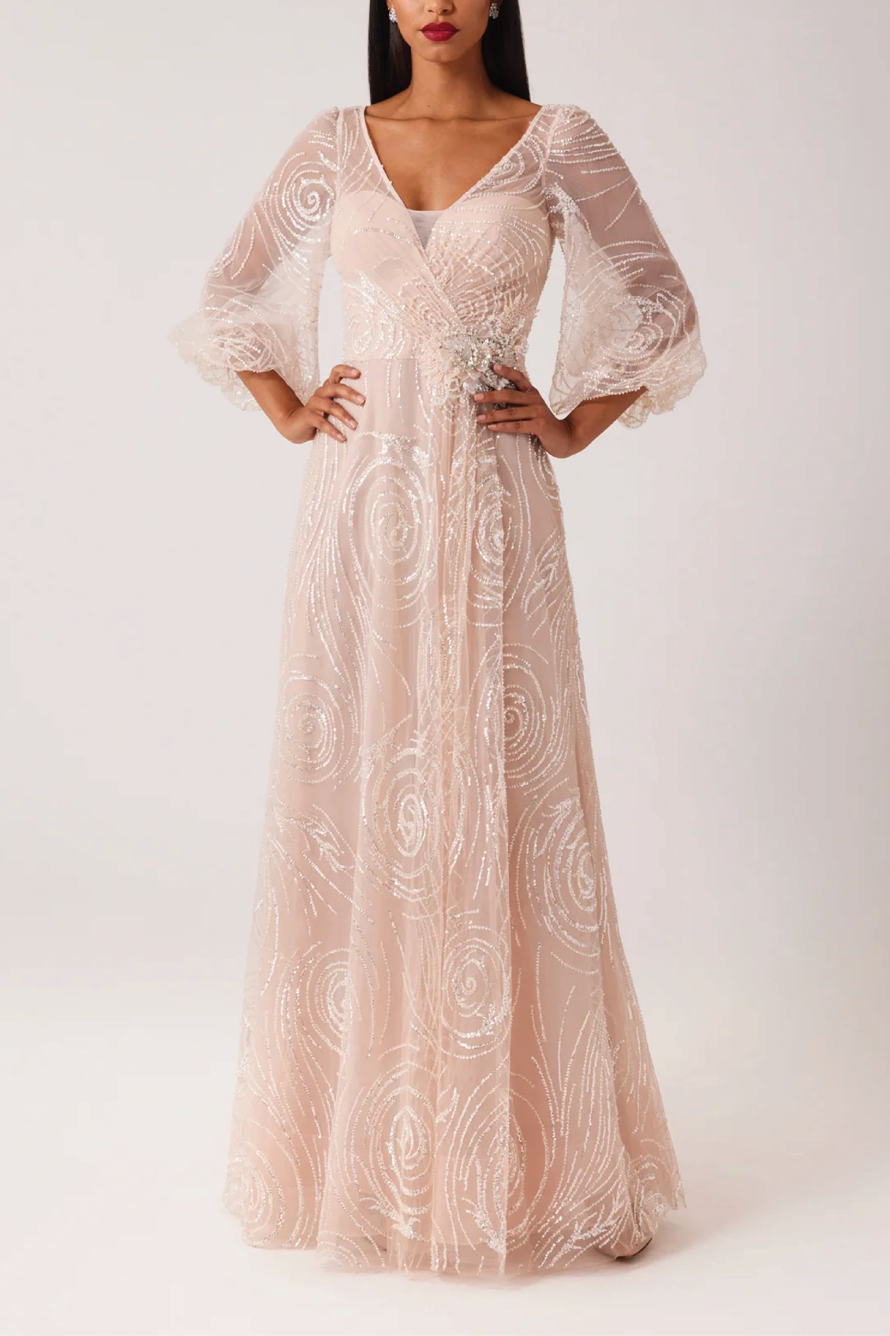 Beaded Tulle V Neck Full Sleeve Gown