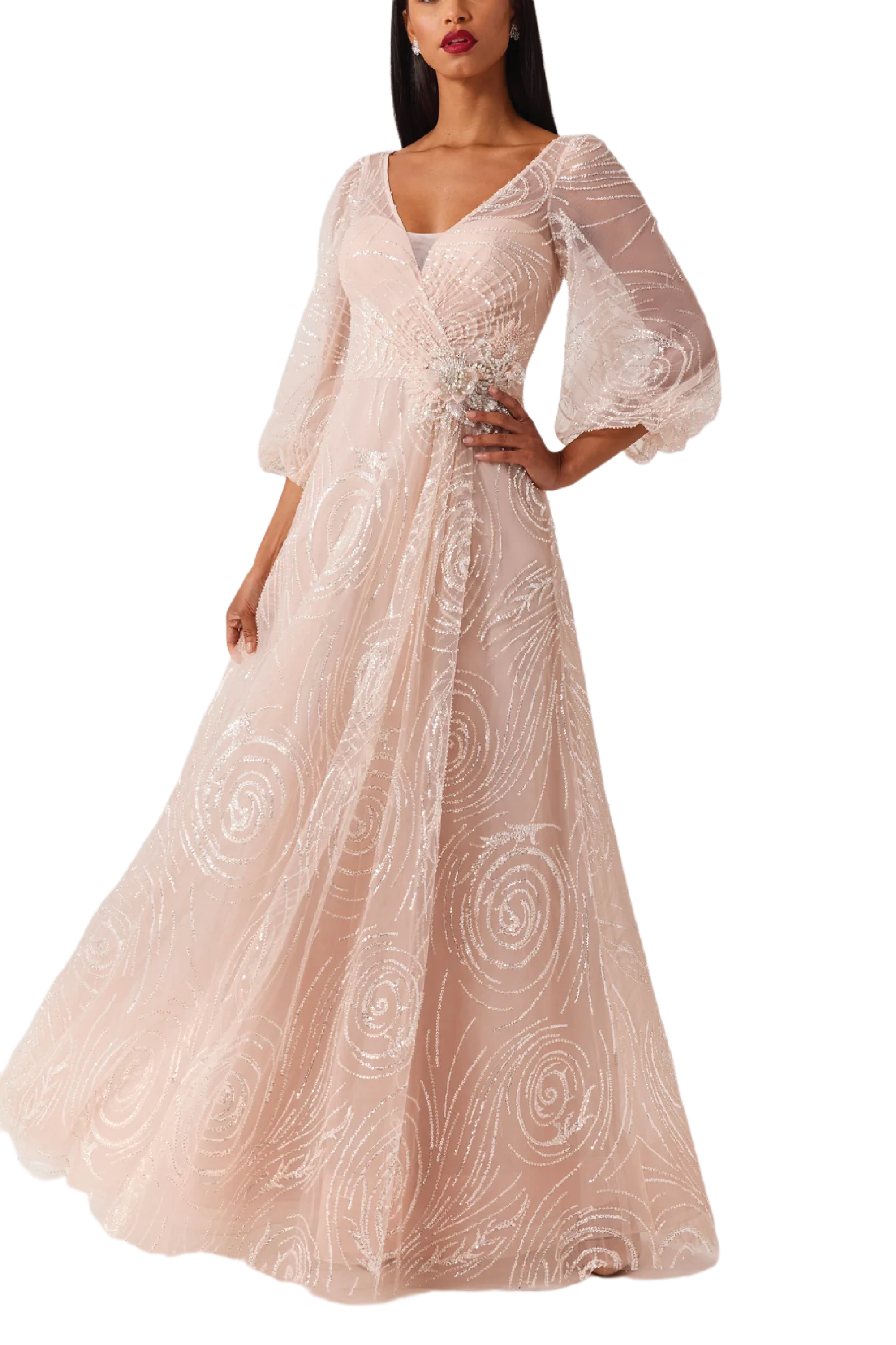 Beaded Tulle V Neck Full Sleeve Gown