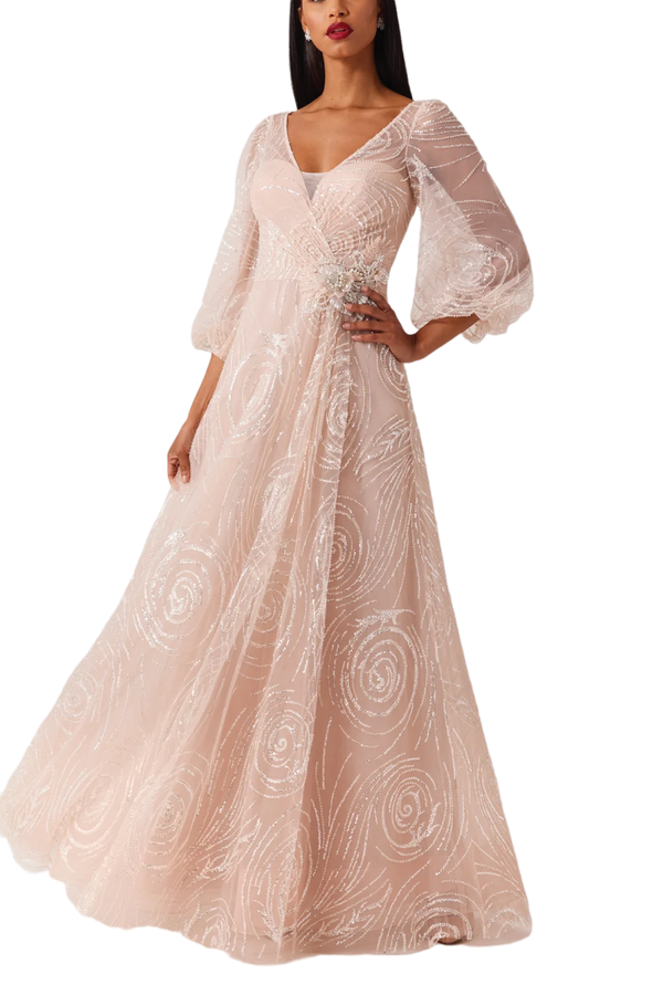 Beaded Tulle V Neck Full Sleeve Gown