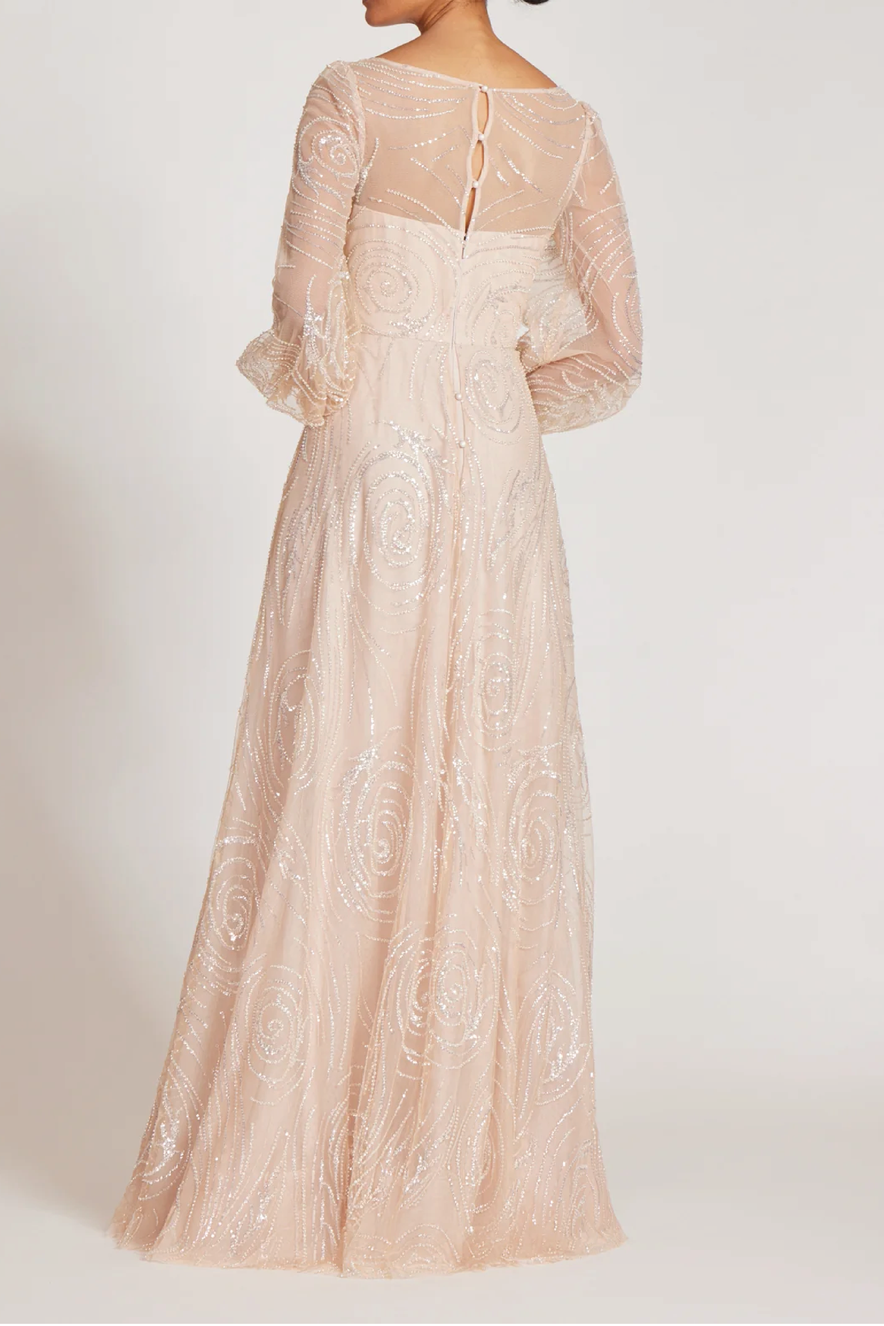 Beaded Tulle V Neck Full Sleeve Gown