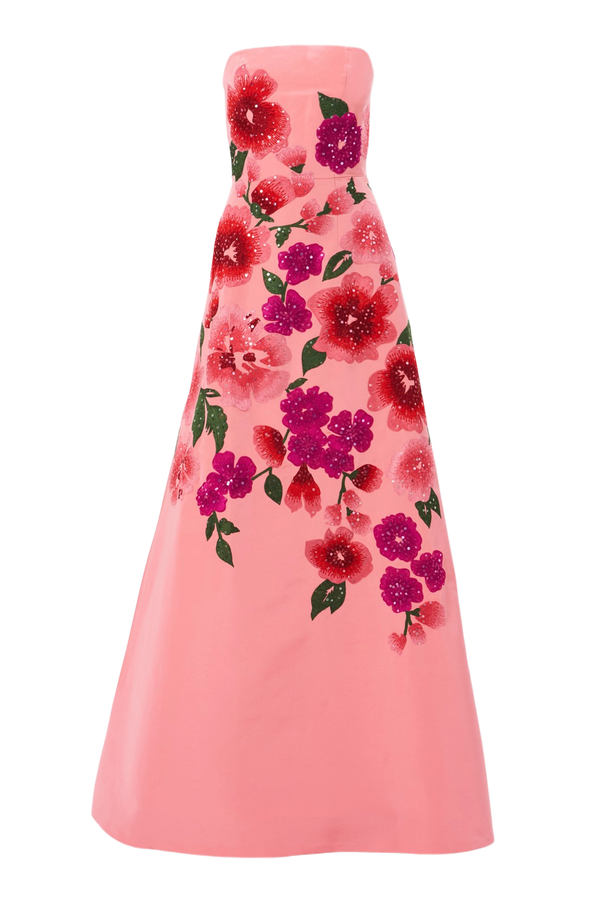 Floral-Embroidered Strapless A-Line Gown
