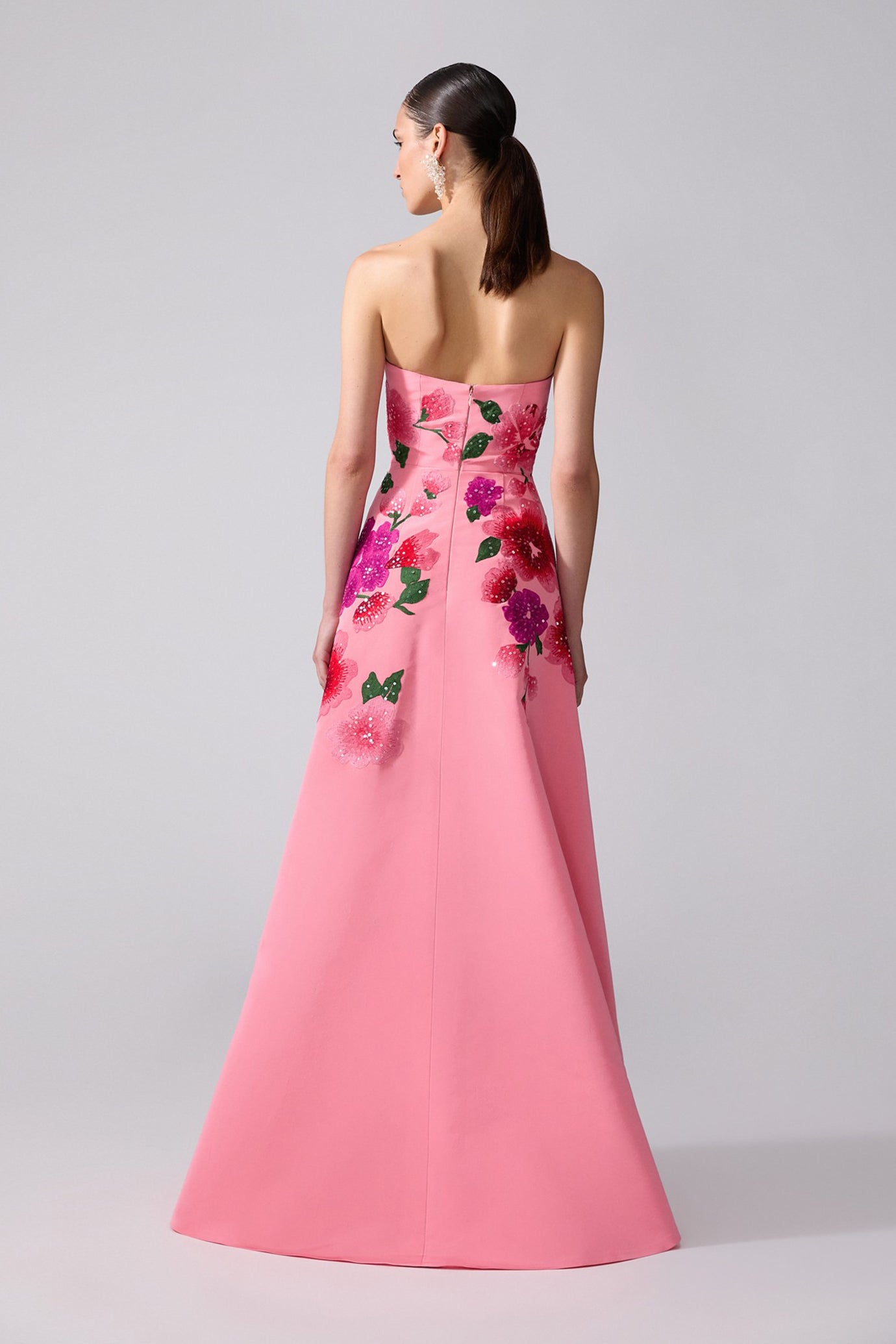Floral-Embroidered Strapless A-Line Gown