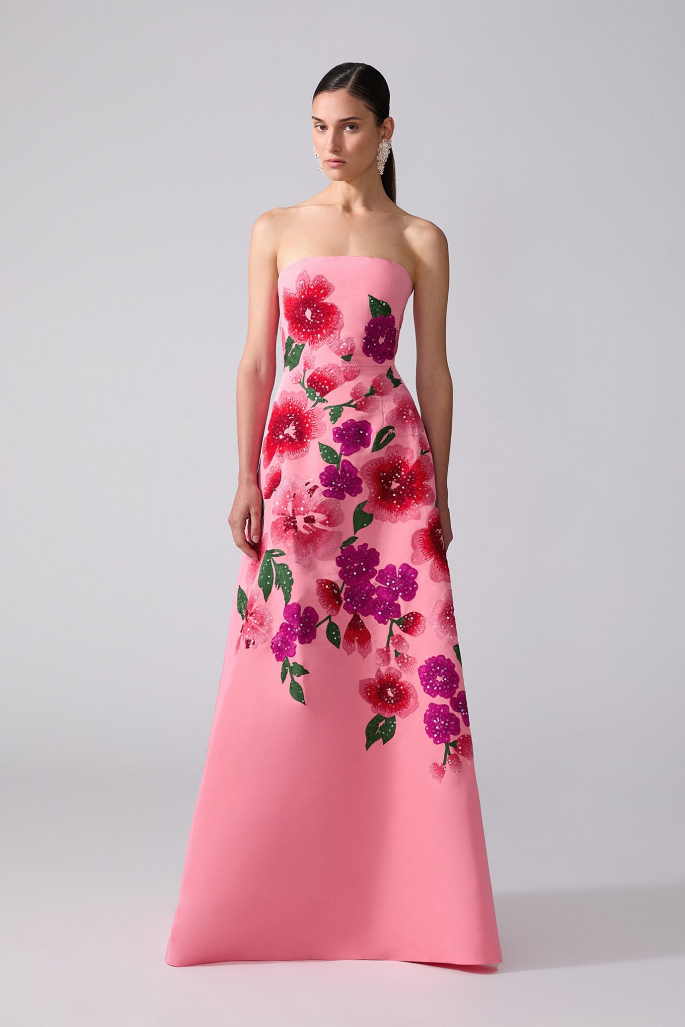 Floral-Embroidered Strapless A-Line Gown
