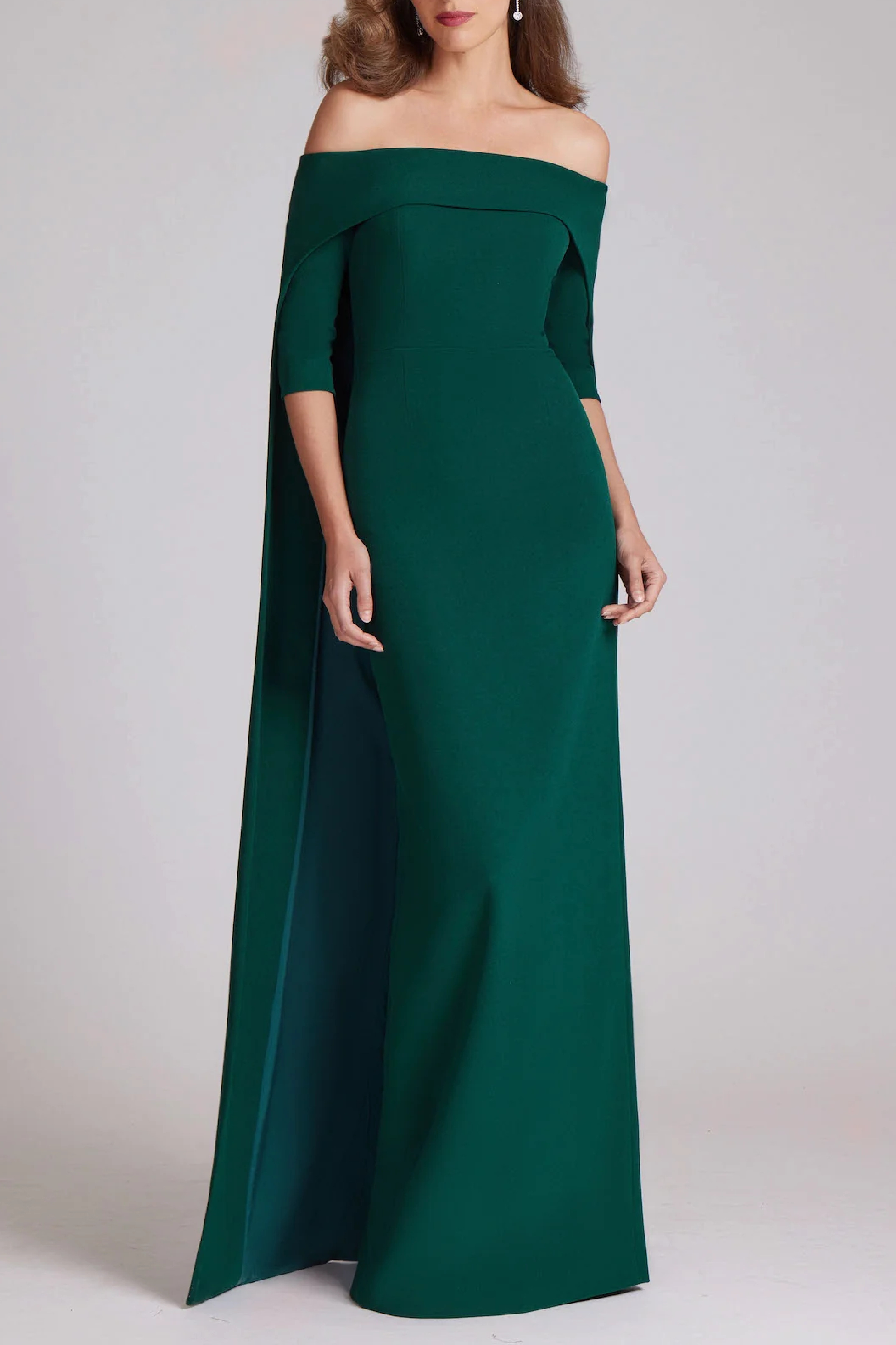Crepe Off Shoulder Gown with Long Cape