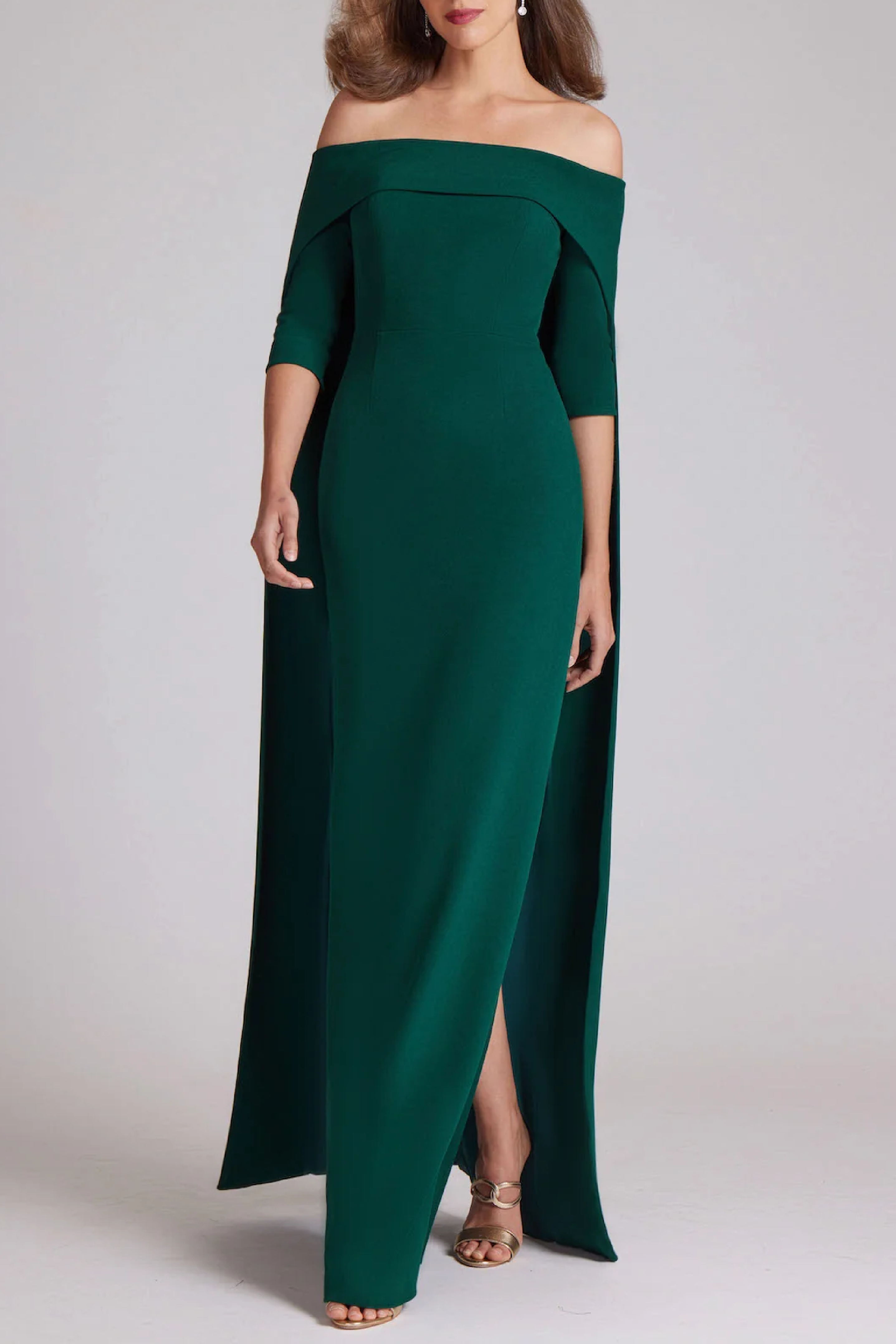 Crepe Off Shoulder Gown with Long Cape